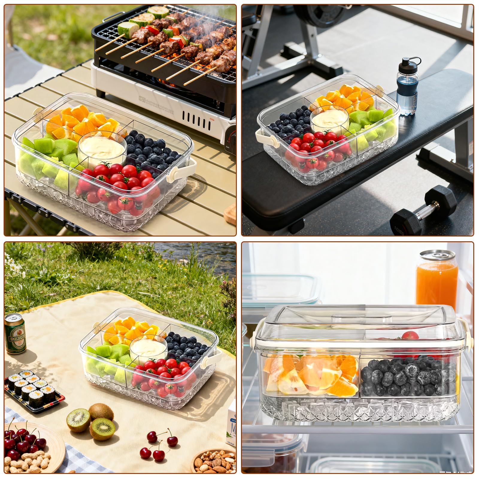 Bandejas grandes para servir frías con tapa y asa, platos portátiles de 5 compartimentos para aperitivos, fiestas, bufés, barbacoas, catering, eventos al aire libre, ensaladas y mariscos