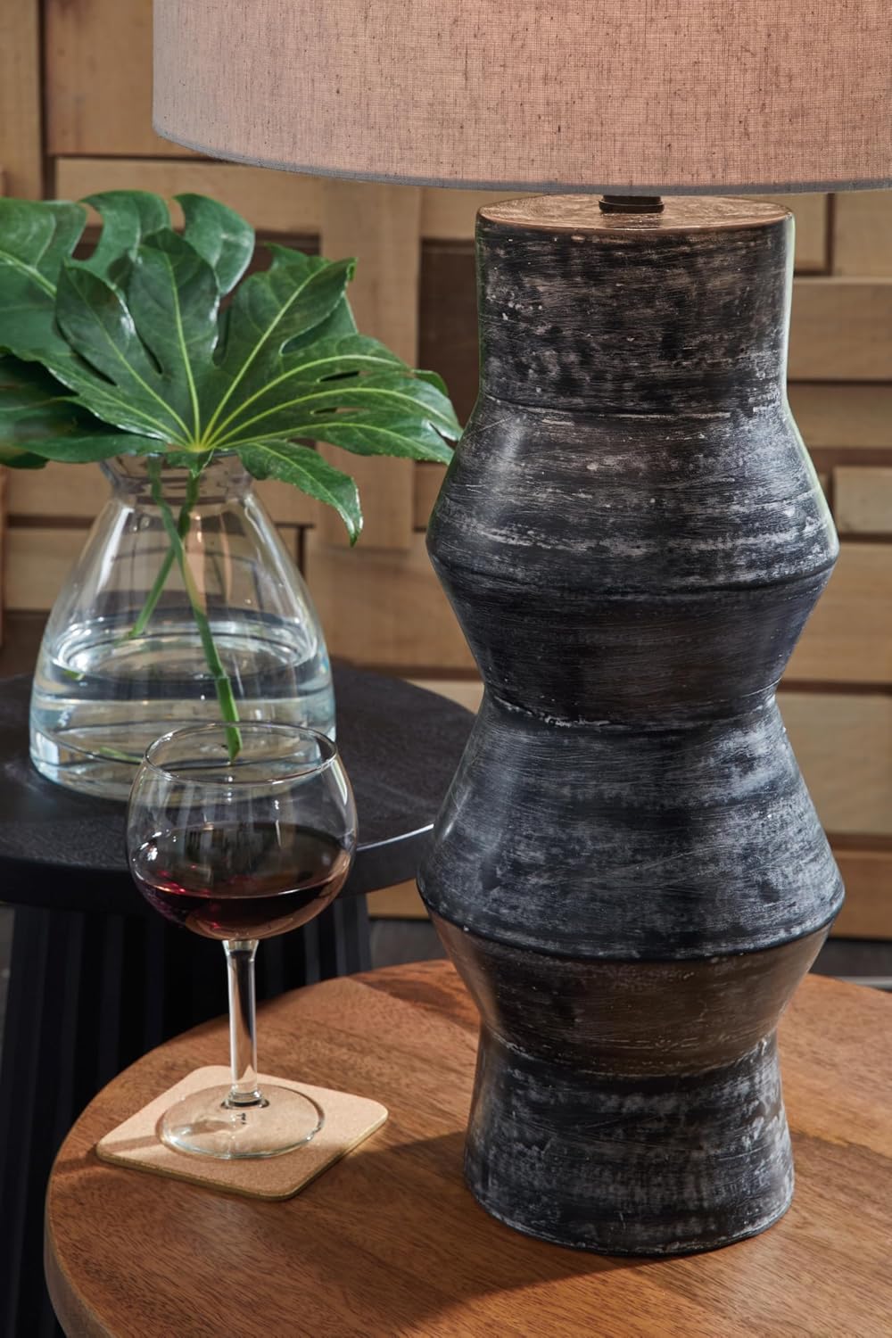Signature Design by Ashley Kerbert Terracotta Table Lamp, Distressed Black | Heavy solid terracotta base, Fabric drum shade, 3-way rotary switch, Extra tall 30 in height, Vintage organic modern style