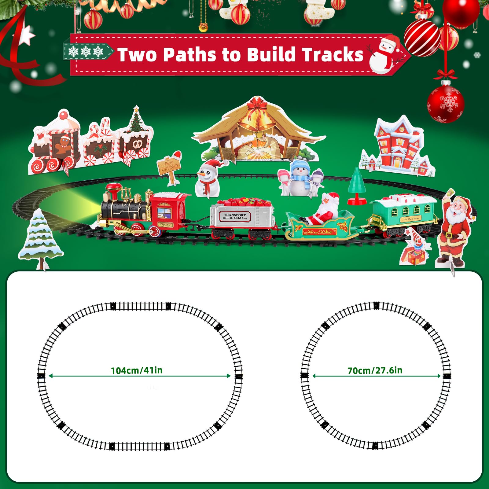 DeAO Elektrischer Weihnachtszug Mit Licht & Sound – Batteriebetrieb, 4 Waggons