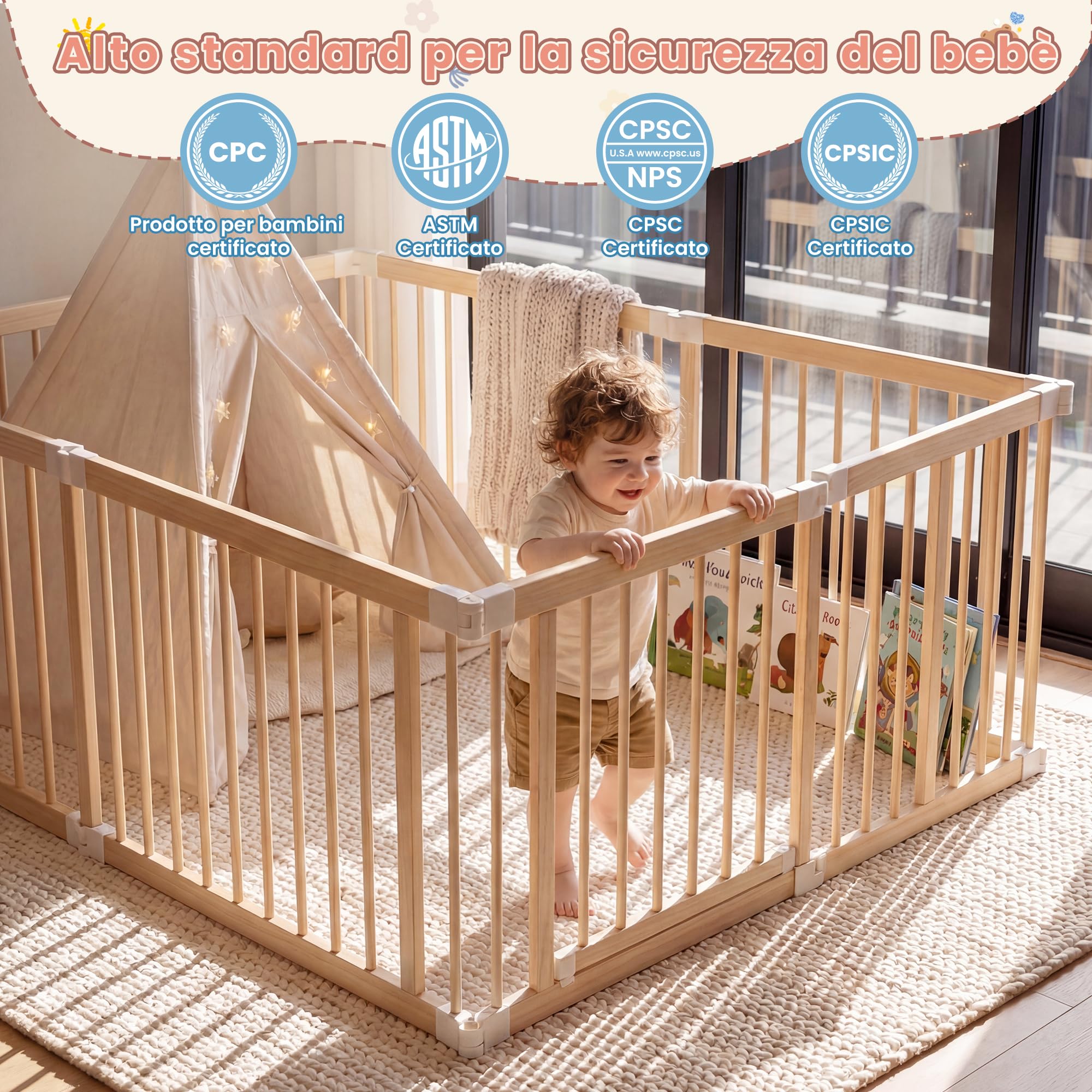 BLEKOO Recinto per bambini in legno con centro giochi – 140 x 140 cm Box bambini pieghevole | Recinto in legno regolabile con giochi e cancelletto (8 pezzi)
