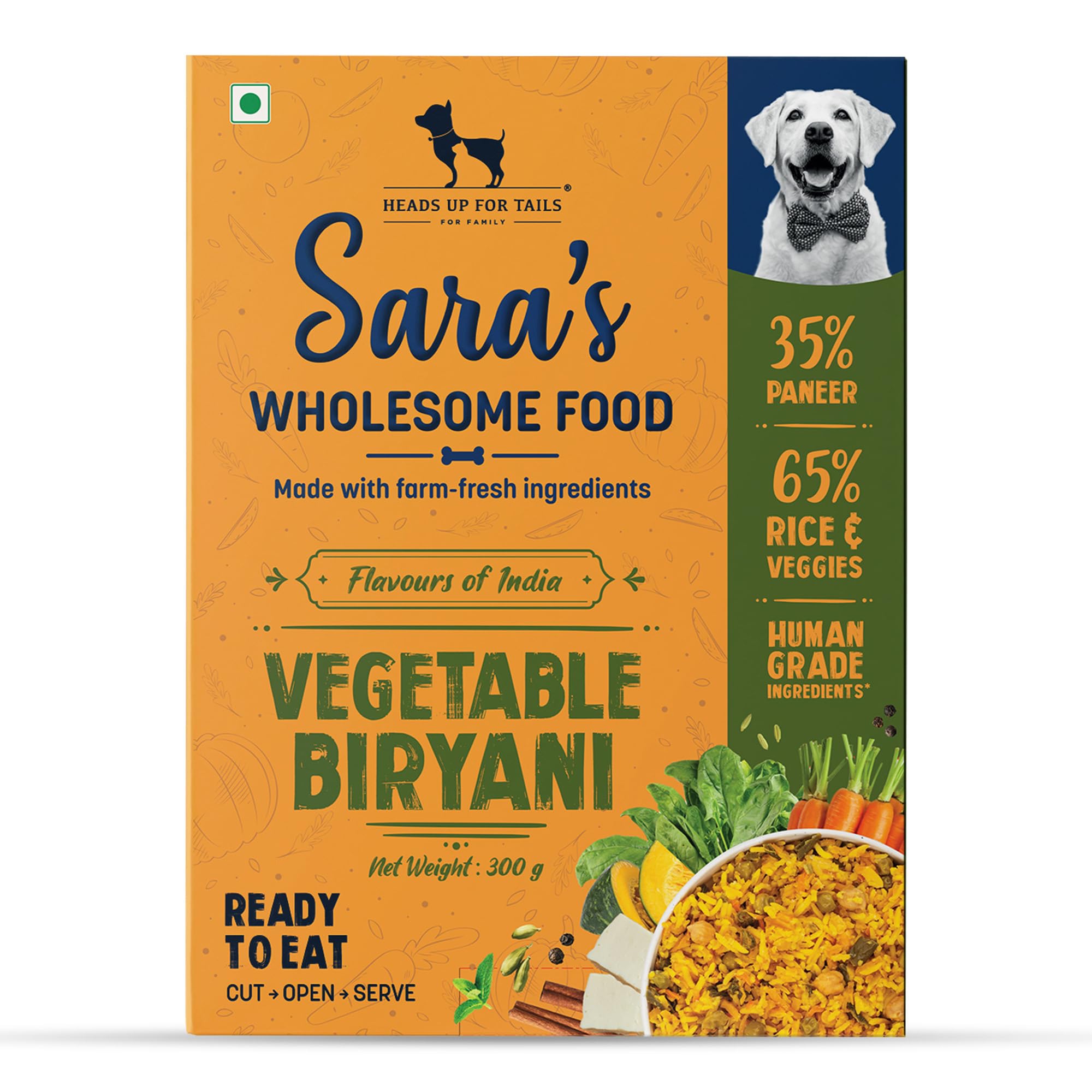 Heads Up For Tails Sara's Wholesome Food | Vegetable Biryani Wet Dog Food - 300 Gm | Human-Grade Ingredients | High Protein | Natural & Preservative-Free | Veg Dog Food for Puppies & Adults