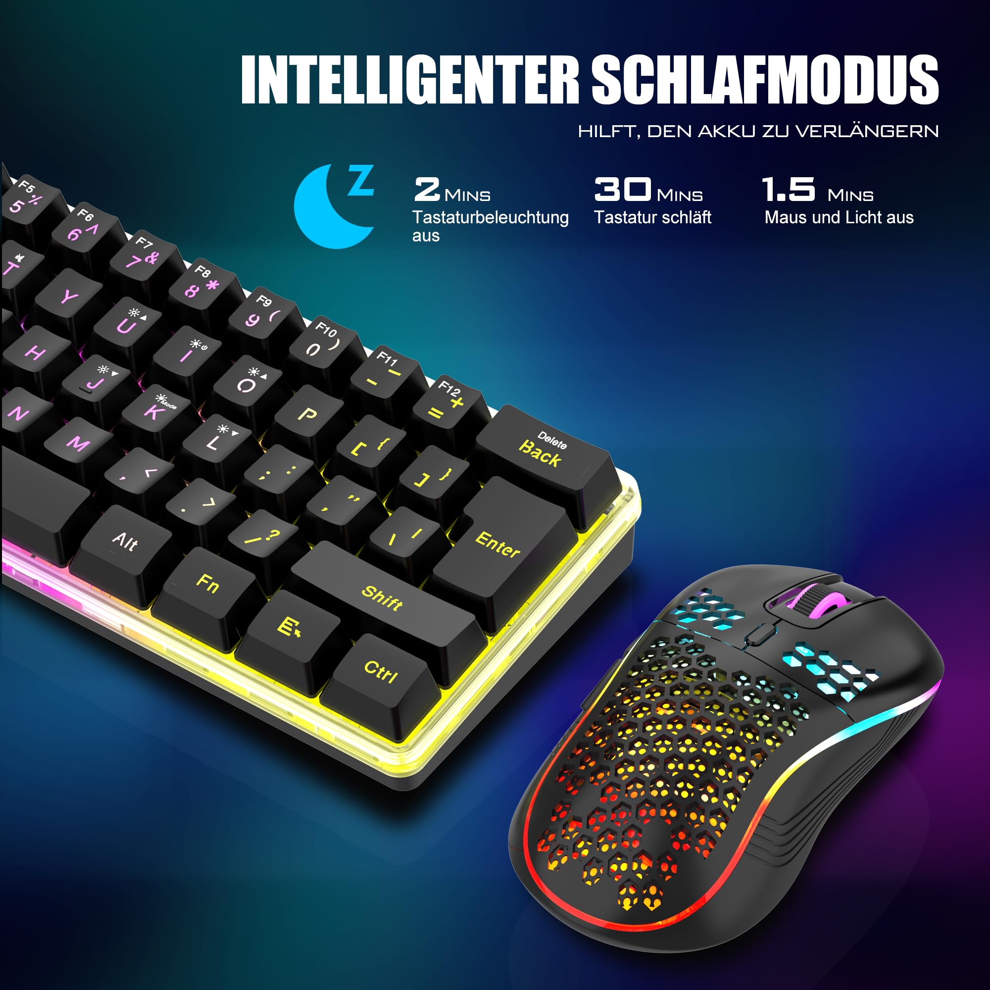 RedThunder 60% Wireless Gaming Tastiera e Mouse Set QWERTZ DE Layout, Tastiera wireless ricaricabile con mouse da gioco ultraleggero con struttura a nido d'ape, per PC MAC PS5 Xbox Gamer, ufficio.
