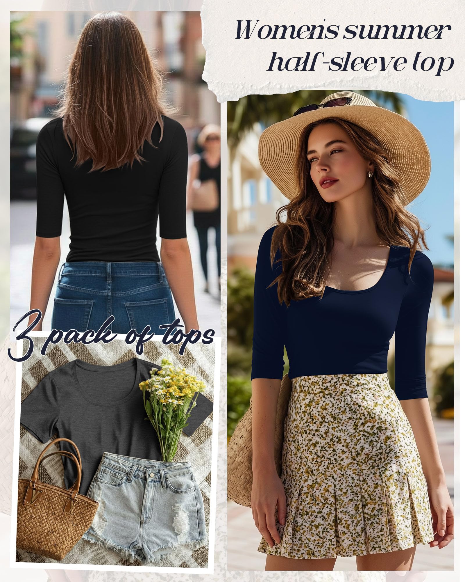 Neer Pack de 3 Tops Mujer Escote Redondo Manga Media Ajustados Estirables Mezcla Algodón Básicos Verano