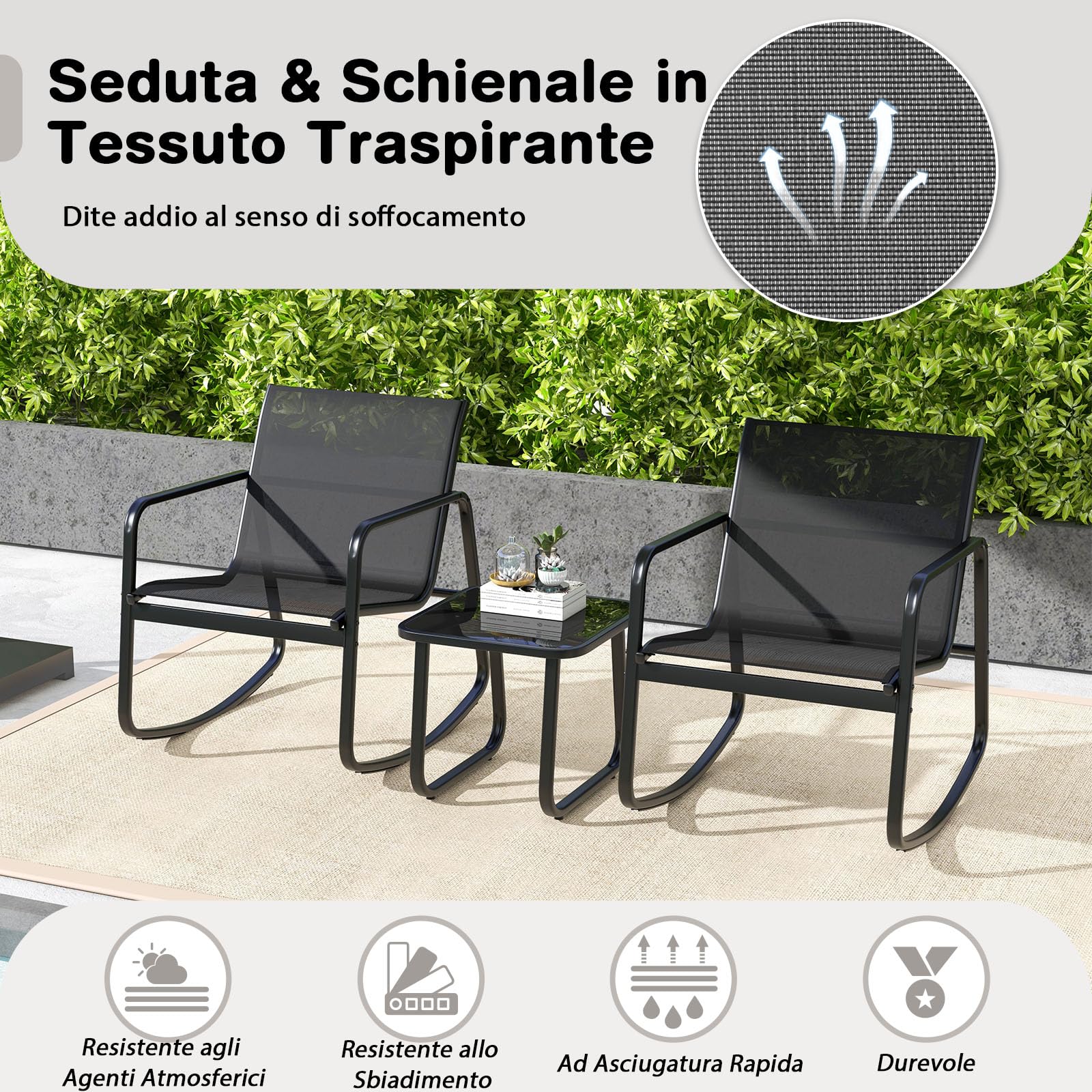 GYMAX Set di Mobili da Giardino 3PCS, 2 Sedie a Dondolo con Tavolino in Vetro, Piccolo Set da Patio con Movimento a Dondolo Fluido, Strisce Antiscivolo, per Portico Esterno, Cortile e Balcone
