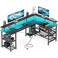 ODK Scrivania Gaming con LED, Scrivania Angolare Reversibile con 2 Prese e 2 Porte USB