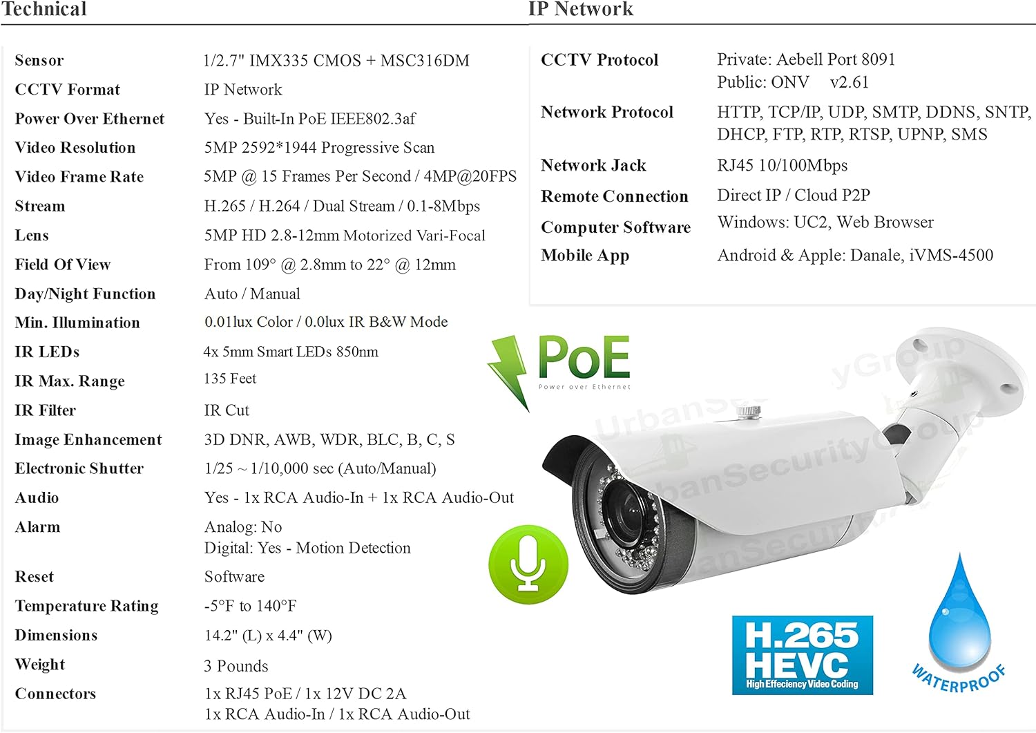 Discount 70% Urban Security Group : 14-Pack : 5MP H.265 IP Bullet Security Camera : Motorized Auto-Focus 2.8-12mm Lens, PoE, IR LEDs, RCA Audio, Vandal & Weatherproof : Business Grade