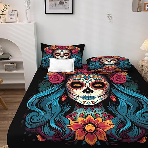 Miniatura 2 de Day of The Dead - Juego de sábanas de 4 piezas, tamaño King, diseño de esqueleto mexicano, sábanas y fundas de almohada estampadas, sábana bajera