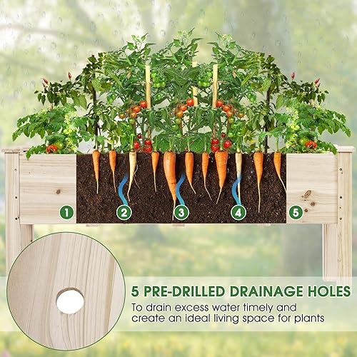 Miniatura 5 de HAPPYGRILL Jardinera elevada de madera con 5 agujeros de drenaje, contenedor de planta de cultivo de pie para patio, cubierta de invernadero