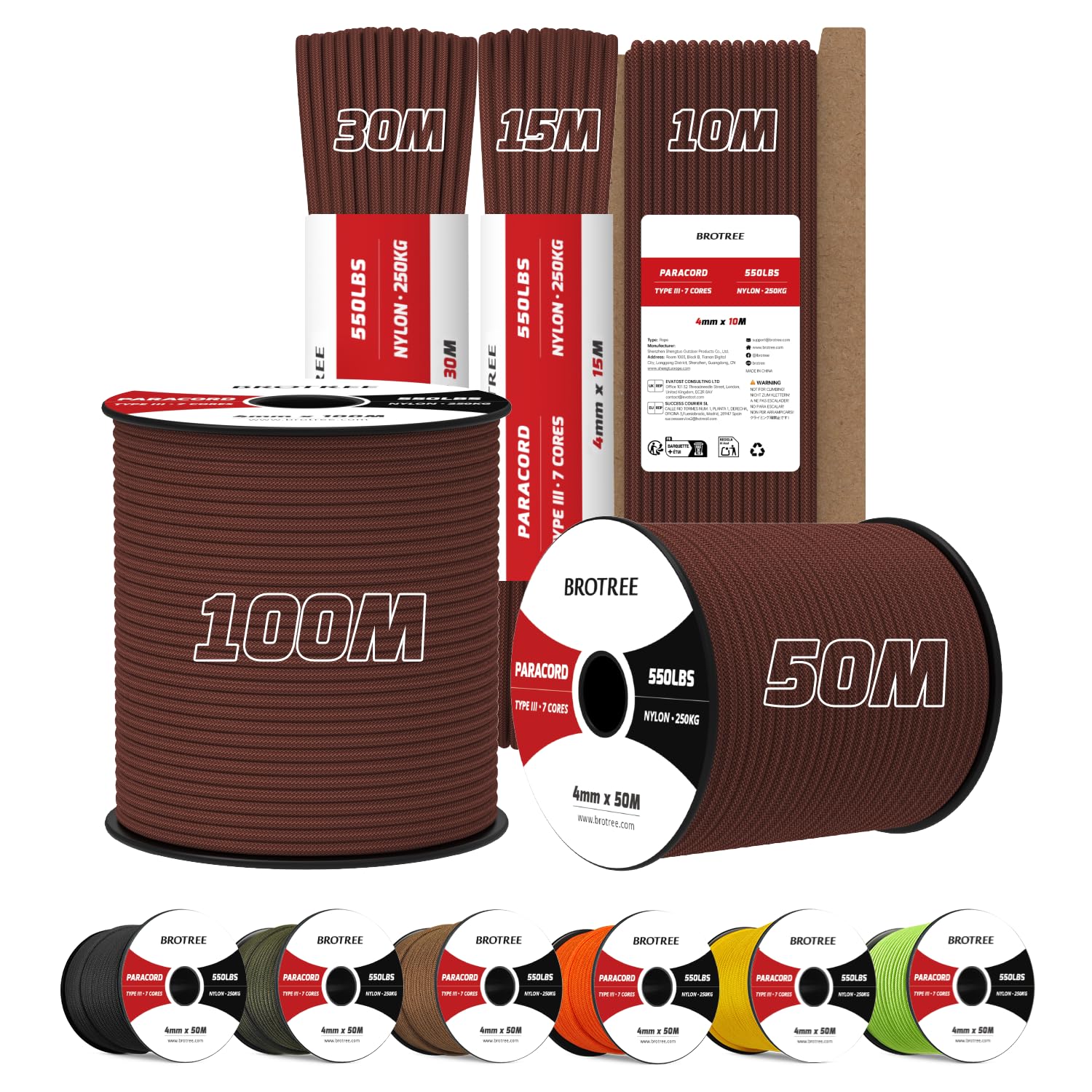 Brotree 4mm Paracord 550 100M 100% Nylon Rope 7 Strands Type III Parachute Cord for Outdoor and DIY - 250kg Breaking Load (Chocolate Brown)