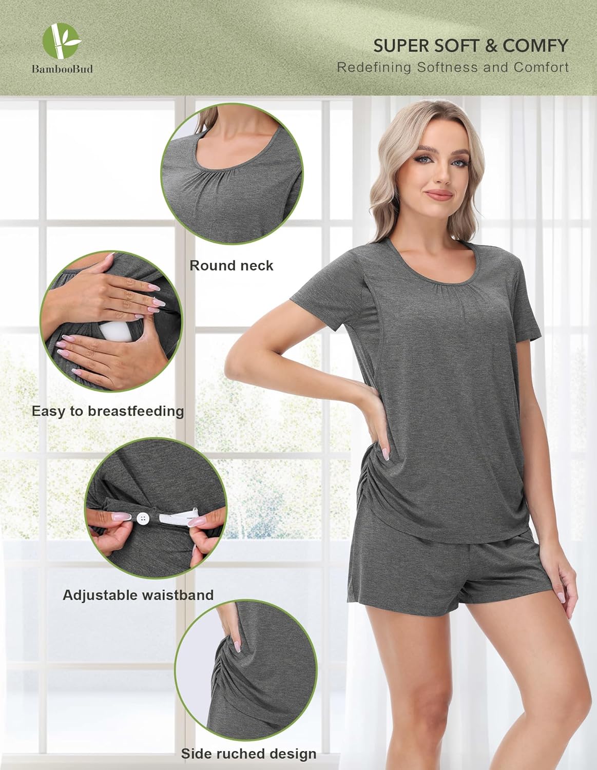 Women's Maternity Pajamas Set Viscose from Bamboo Pjs for Breastfeeding Short Sleeve Nursing Loungewear S-XXL