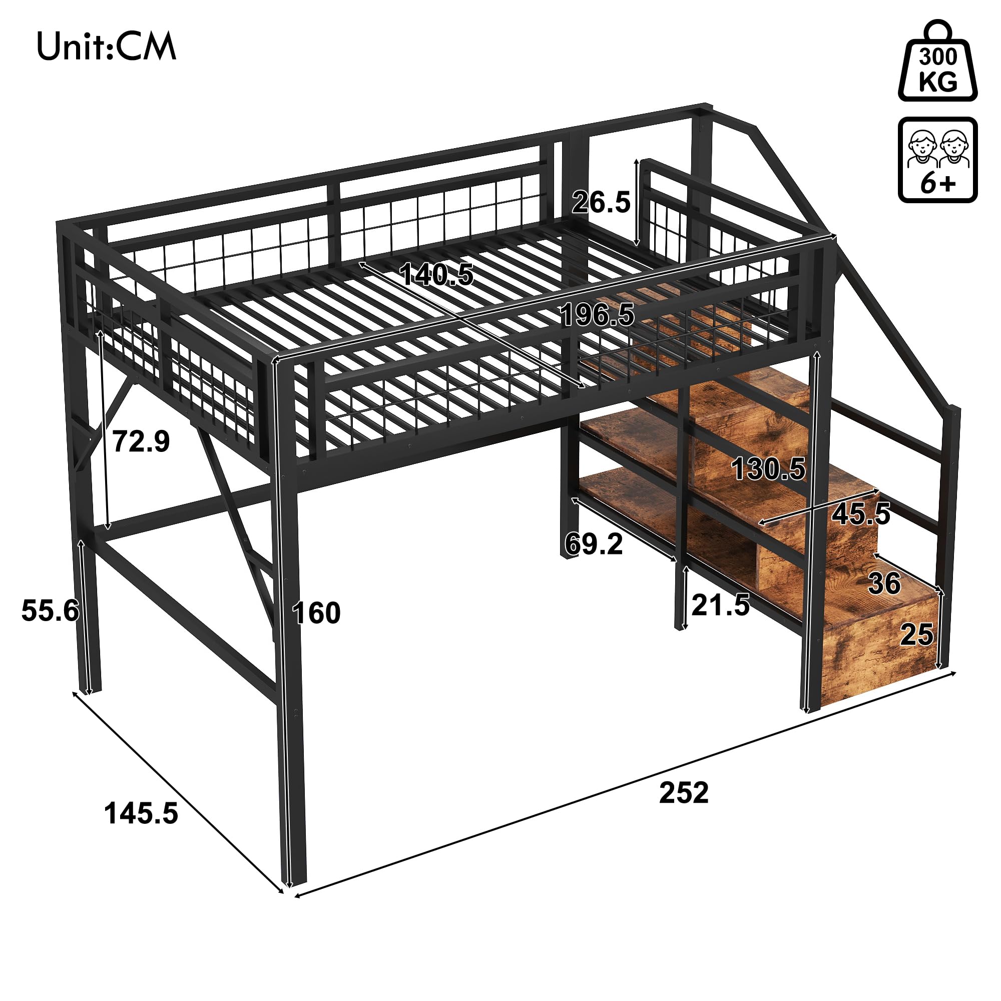 Letto a soppalco in metallo 140 x 200 cm, con luce LED, Letto matrimoniale a soppalco, spazio utilizzabile sotto il letto, scala di sicurezza con vano contenitore, Nero (materasso non incluso)