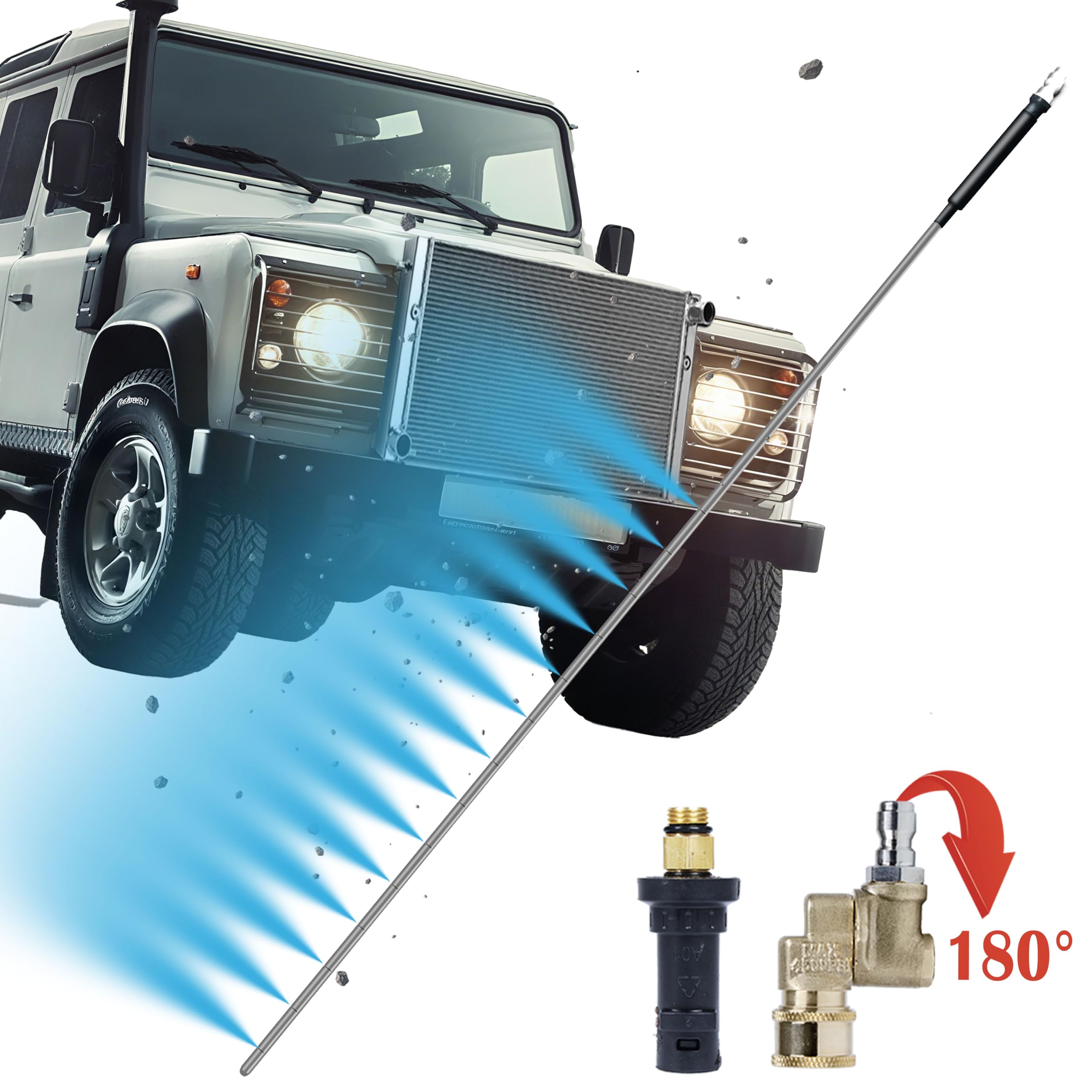 Varilla de limpieza de radiador – Herramienta de purga de radiador de 5000+ PSI con adaptador adecuada para lavadora de coches Karche, camiones, autocaravanas, limpieza dual de agua/aire, incluye