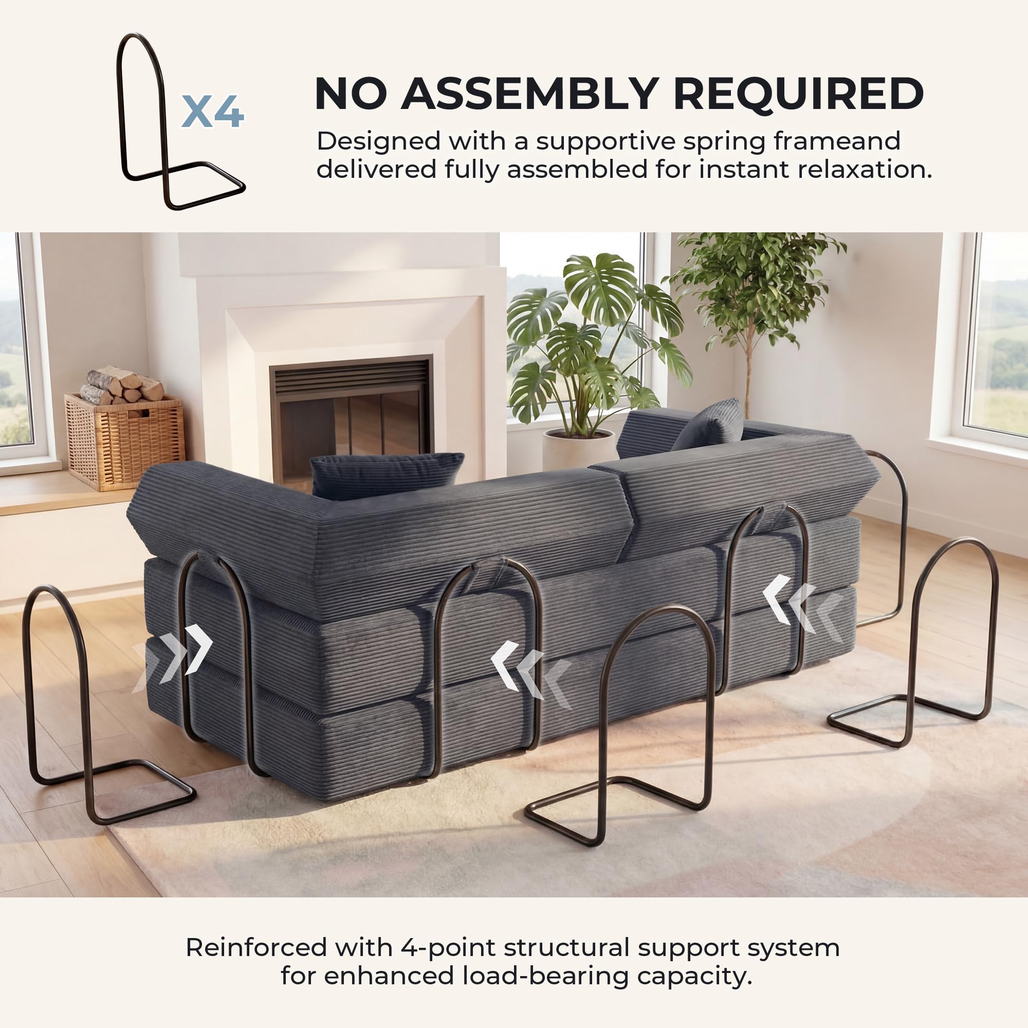 79" Boneless Couch, Convertible Futon Sofa Bed, Corduroy Sleeper Sofa | Mattress-Grade Pocket Spring Core, Floor Couch for Living Room, Bedroom, Apartment & Guest Room, Dark Gray