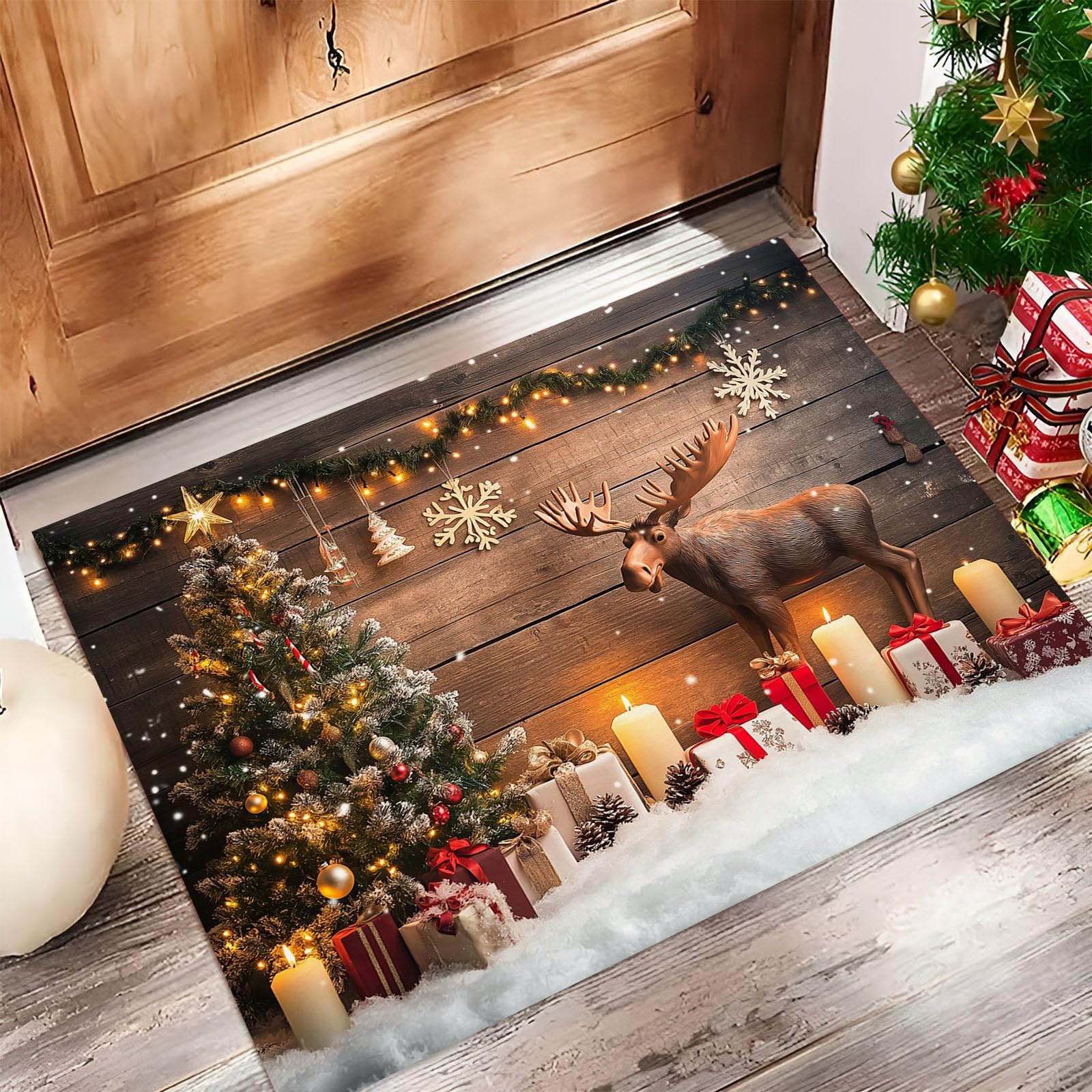Felpudo Navidad Fondo, 80x120cm Alfombra Puerta Árbol De Navidad Renos, Alfombra Navidad Antideslizante para Cocina Pasillo Salón, Felpudo Entrada Casa Decoración