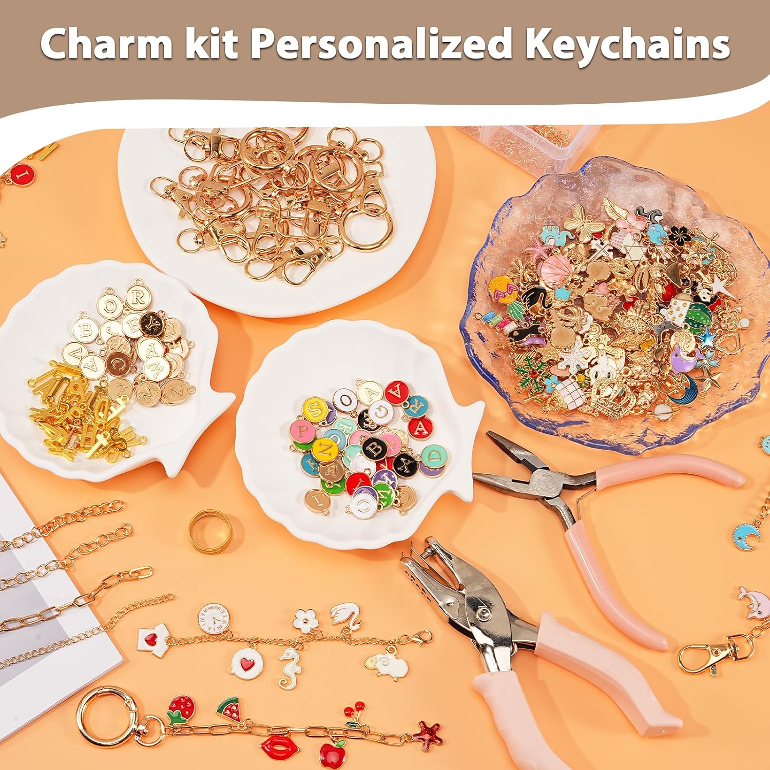 516Pcs Charms Lip Gloss Keychain Making Kit, Bag Charm Kits with Key Chain Hooks, Charms, Jump Rings, Lobster Clasps, Chains & Tools, DIY Craft Supplies for Jewelry Making Custom Keychains & Gifts