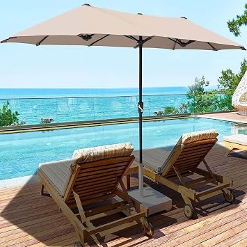 4.5M x 2.7M Double-Sided Parasol with Waterproof Cover, Extra Large Rectangle Patio Umbrella with Crank Handle, 12 Ribs Outdoor Parasol, Sunshade for Garden Table, Pool, Market, Backyard, Khaki