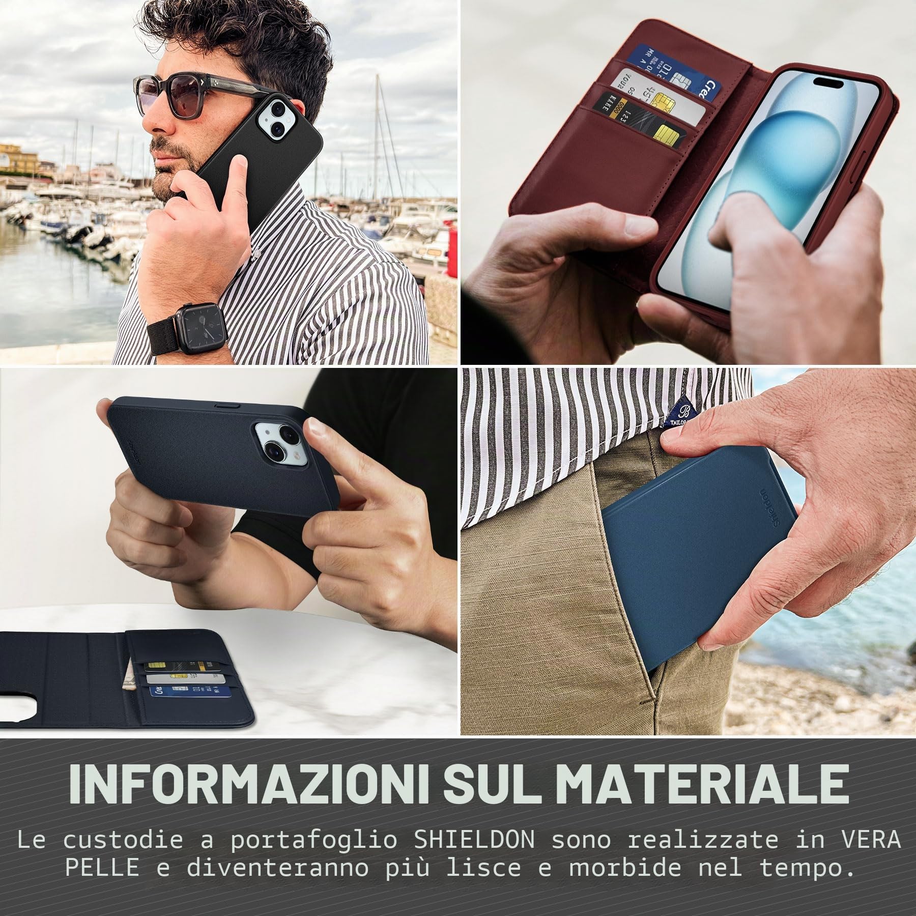 SHIELDON Custodia 2 in 1 in Vera Pelle per iPhone 15 6,1" 5G 2023, Nero