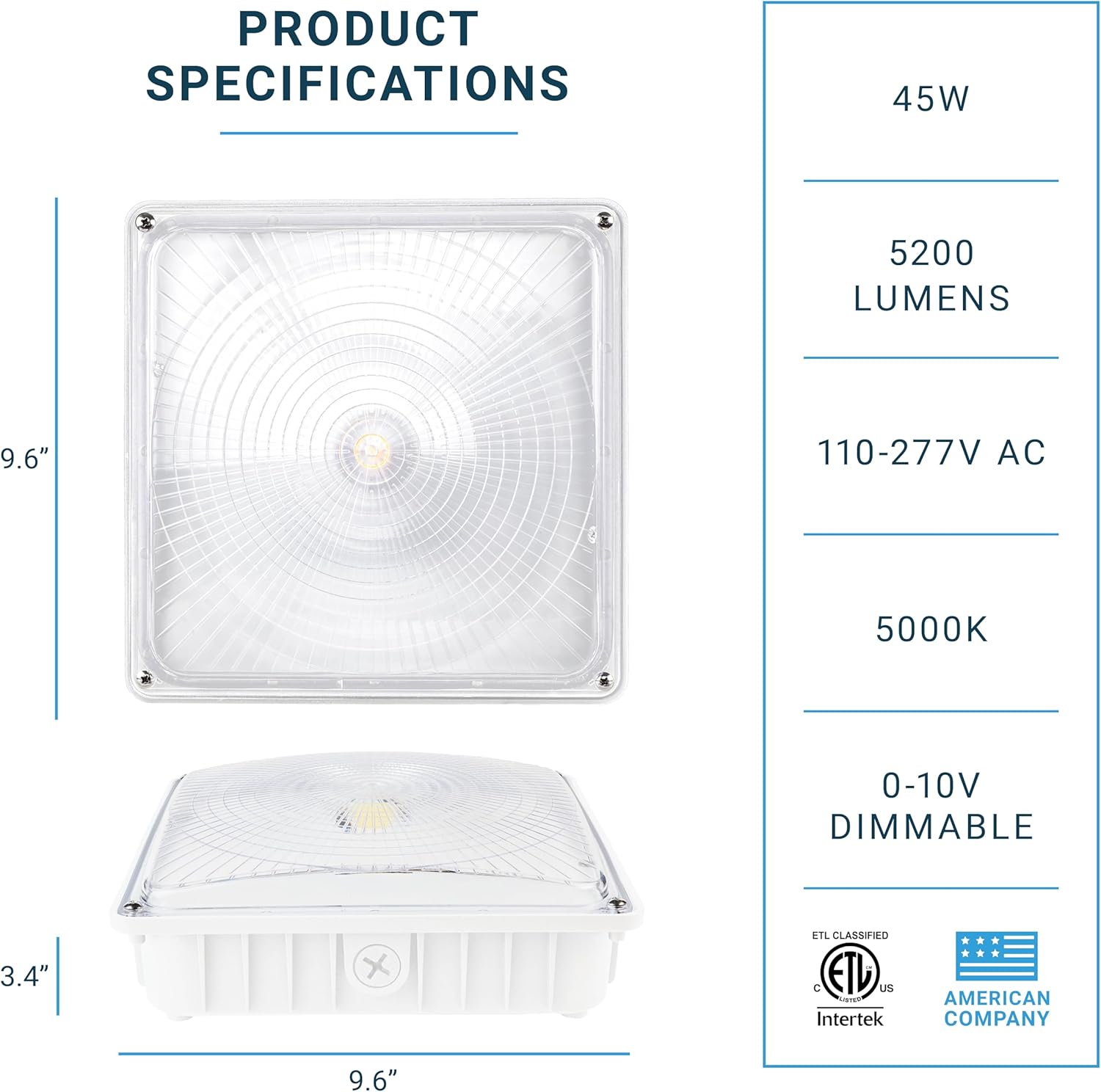 PARMIDA (4 Pack) LED Canopy Light, 45W, 0-10V Dimmable,110-277VAC, IP65 Waterproof, ETL-Listed, 5000K (Day Light), 9.6" x 9.6" Street, Area & Outdoor Lighting, White