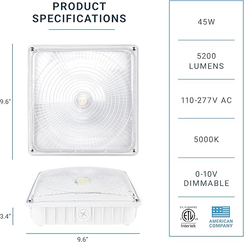 Miniatura 2 de PARMIDA - Luz LED para toldo, 45 W, 0-10 V regulable, 110-277 VAC, IP65 impermeable, certificación ETL, 5000 K (luz de día), 9.6 x 9.6 pulgadas,