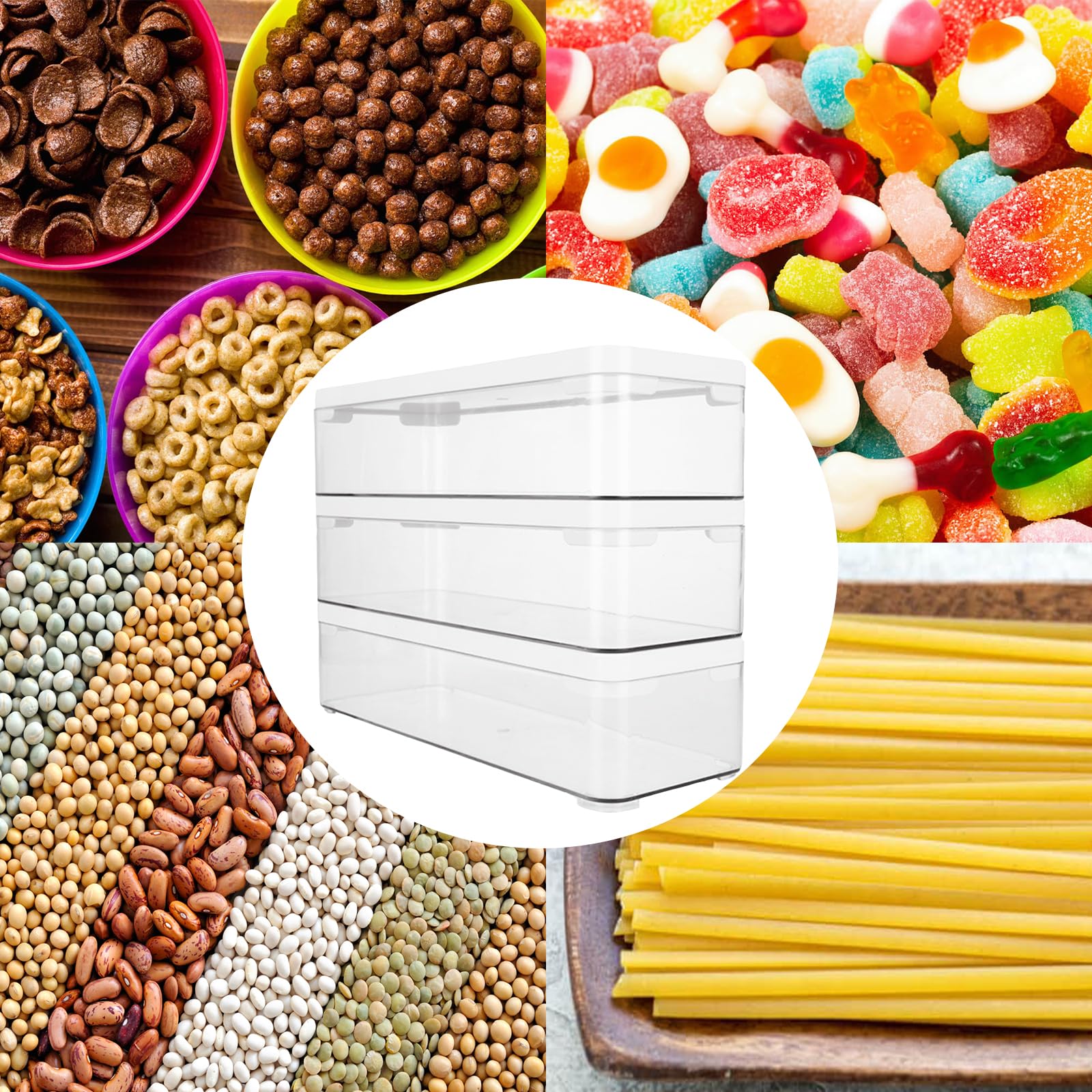 AKOLAFE 3 sztuki pojemników do przechowywania spaghetti, 2 l, pojemnik do przechowywania żywności, pojemnik na zapasy z pokrywką, hermetyczne pojemniki PET na makaron, lodówkę, organizer na spaghetti,