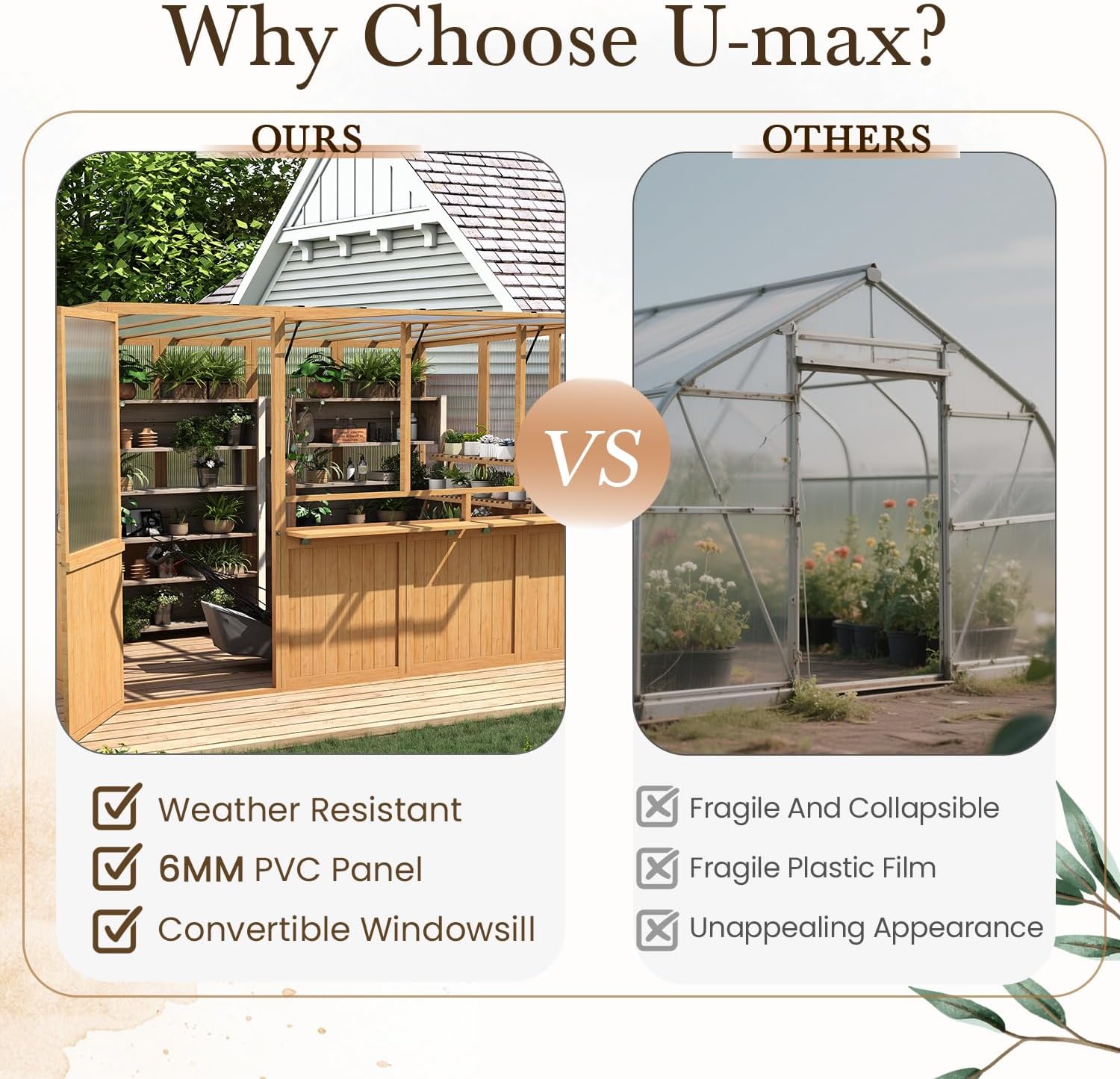 U-MAX 6x10 Ft Wood Greenhouse, Greenhouse for Outdoors with Openable Window & Lockable Door, Heavy Duty Lean to Walk in Greenhouse with Polycarbonate Panel for Outside, Garden and Backyard