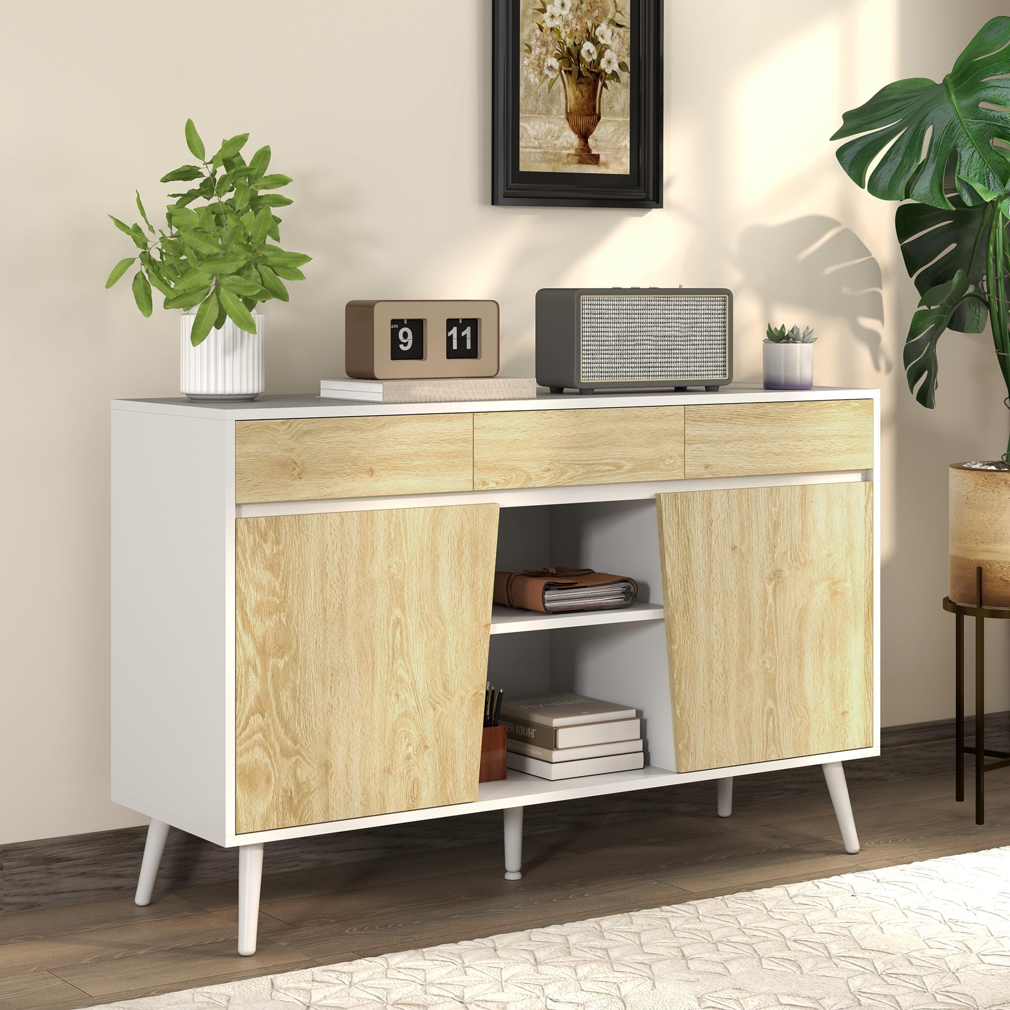 HOMCOM Aparador de 2 Puertas con 3 Cajones 120x39x77 cm Blanco y Natural | Aparador de Salón, Estantes, Mueble para TV, para Dormitorio, Sala de Estar