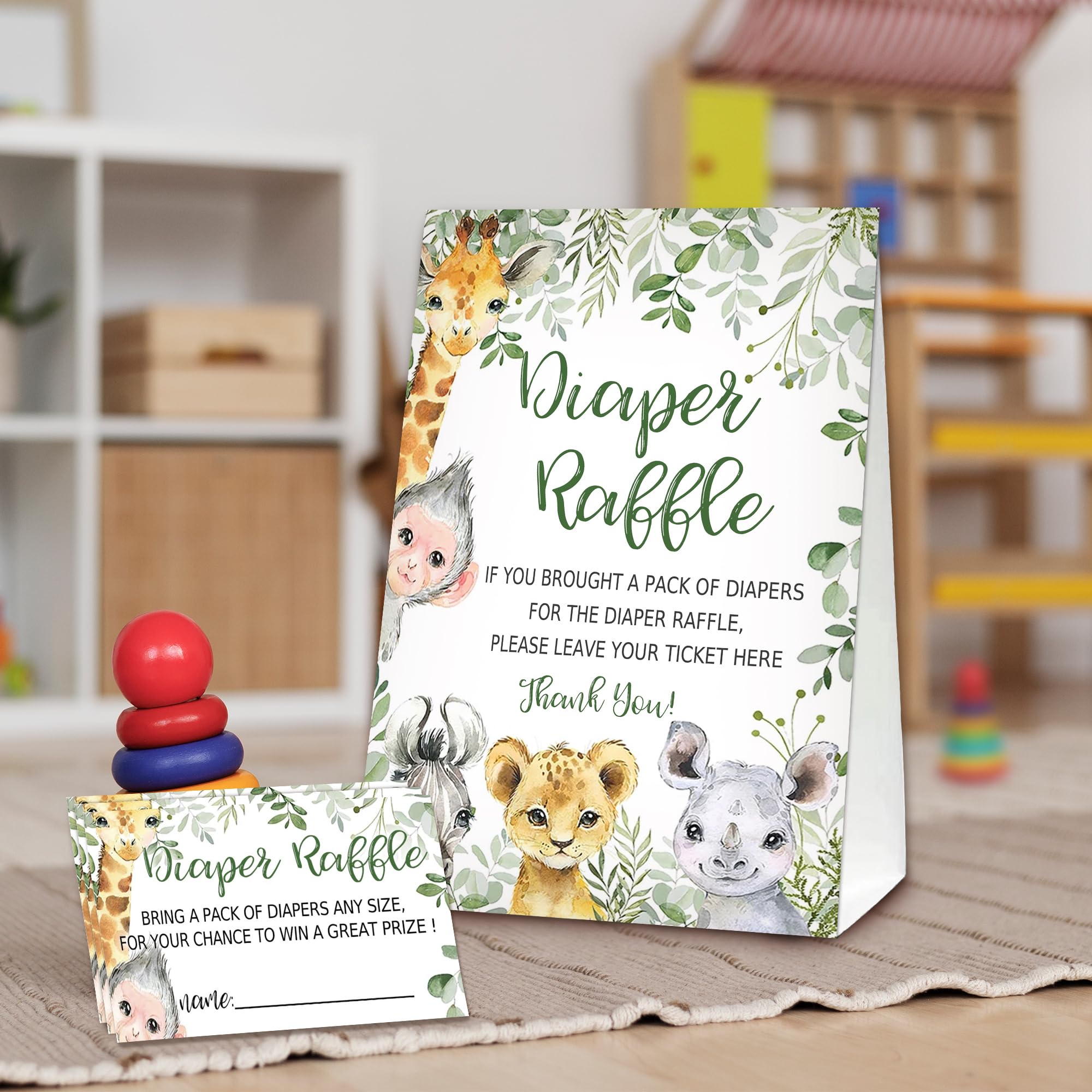 Boletos de rifa de pañales de animales de la selva para juego de baby shower, 1 letrero de pie (5 x 7 pulgadas) y 50 tarjetas de adivinación para decoración de fiesta de baby shower