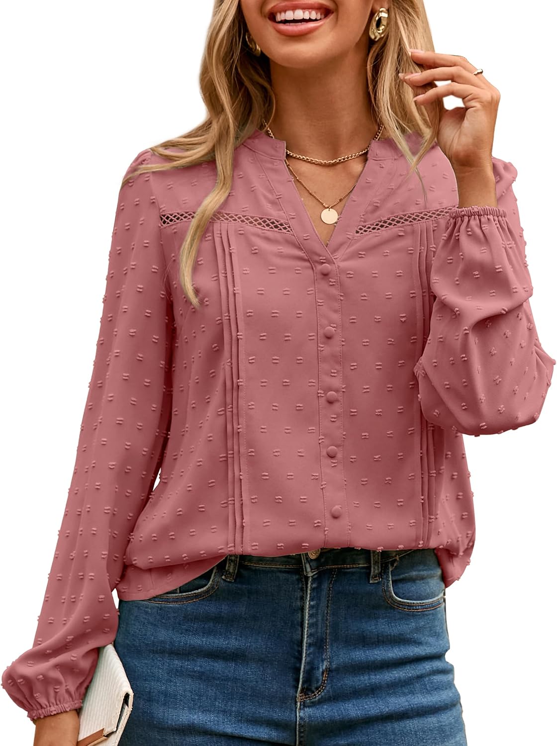 Simplee Womens Long Sleeve Blouses Dressy Casual Fall V Neck Trendy Tops 2025 Swiss Dot Shirts Button Work Fashion Clothes