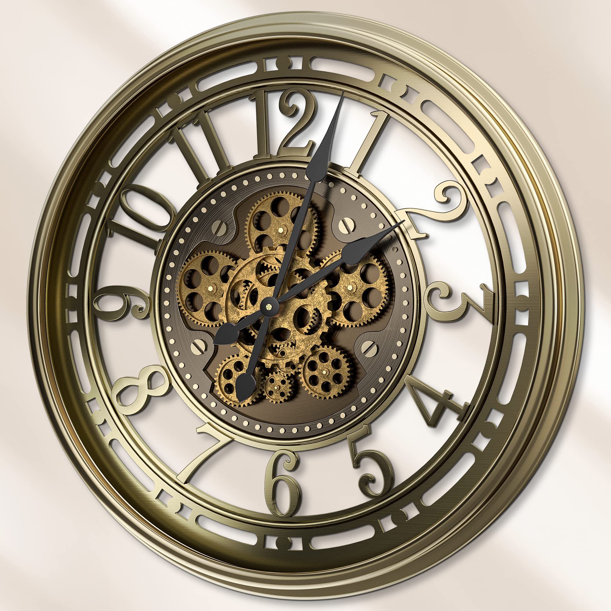 Reloj de pared grande de 53 cm con engranaje móvil, vintage, retro, industrial, metal, números romanos para habitaciones, hogar, cocina, dormitorio, oficina, escuela (bronce retro)