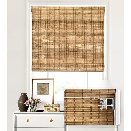 LazBlinds No Tools No Drill Cordless Bamboo Roman Shades, Light Filtering Window Treatment, Roll Up Bamboo Blinds for Windows 26'' W x 48'' H, Eastfield Teak