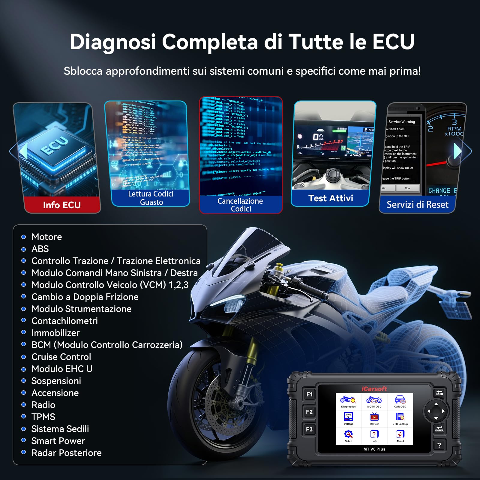 iCarsoft MT V6 Plus Strumento Diagnostico per Moto, Diagnosi Moto Universal, Lettore di Codice Tutti i Sistemi, Servizi Completi, Scansione Automatica, Diagnostica OBD per Auto e Motocicletta