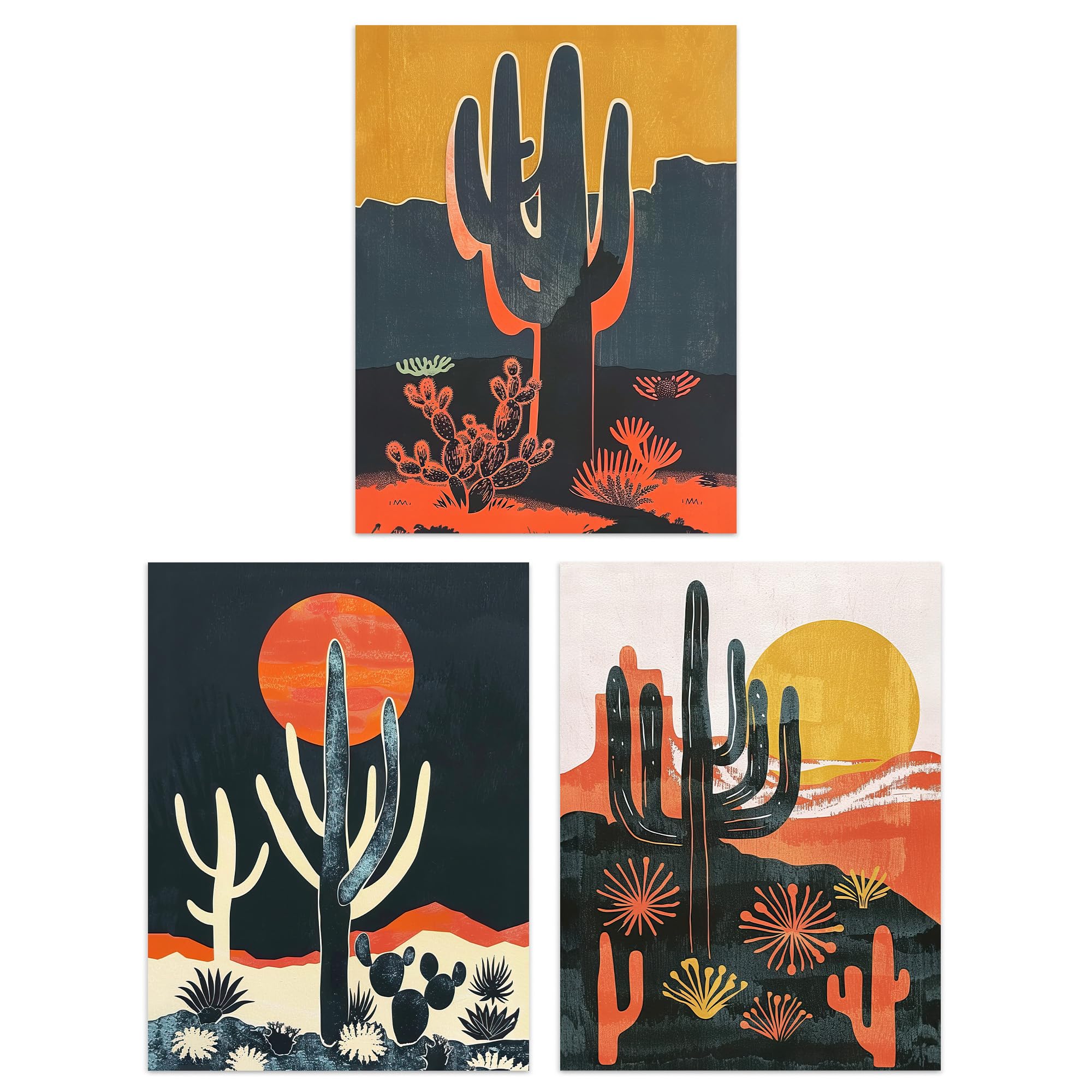 Artery8 Mountain Desert Cacti - Set Of 3 Set Of 3 Modern Desert Cacti Sunset Landscapes Living Room 12X16 Inch Wall Art Prints Pack