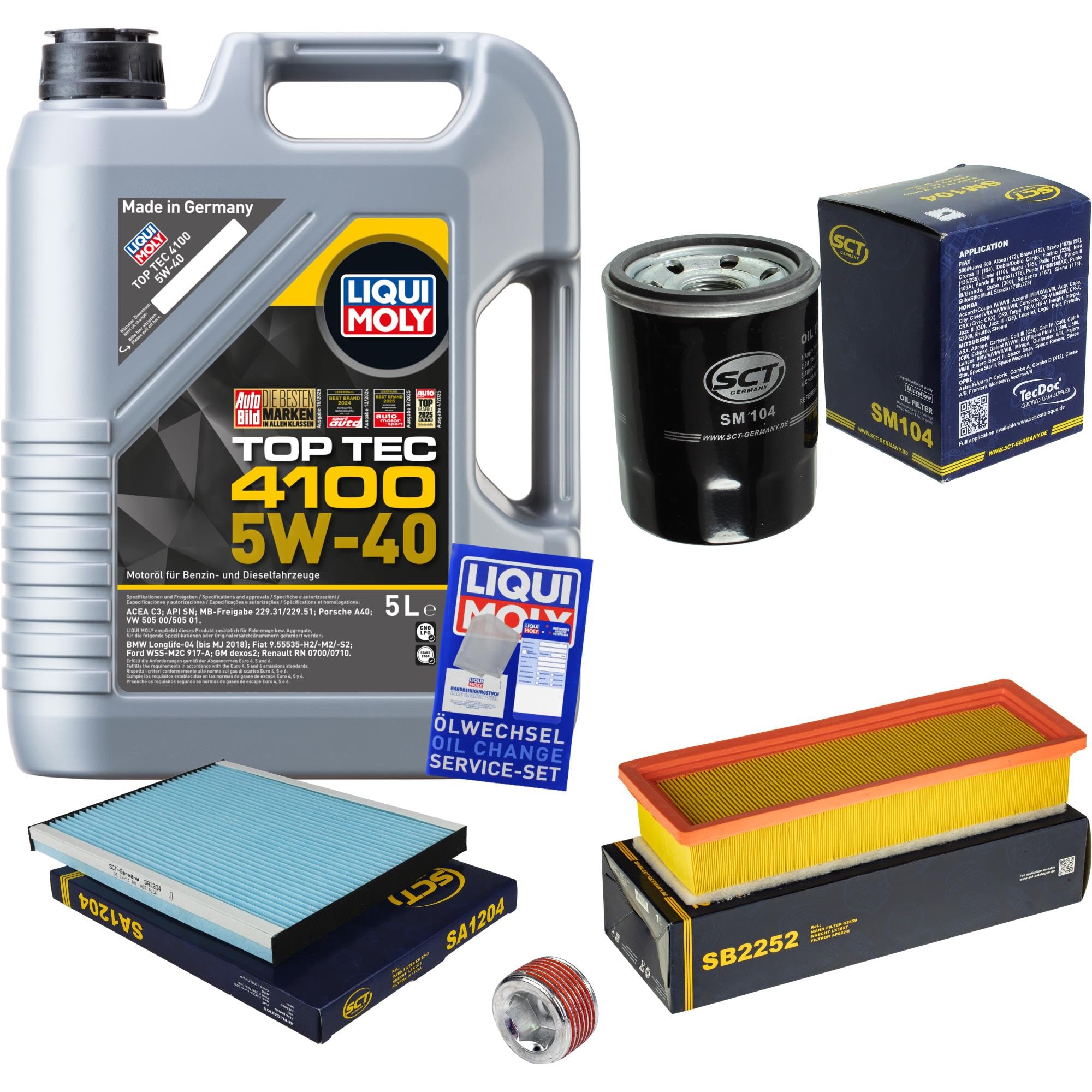 Inspektionspaket enthält 5 L Motoröl Top Tec 4100 5W-40 Ölfilter Luftfilter Innenraumfilter Verschlussschraube für Grande Punto 199_ 1.4 199 1.2 225