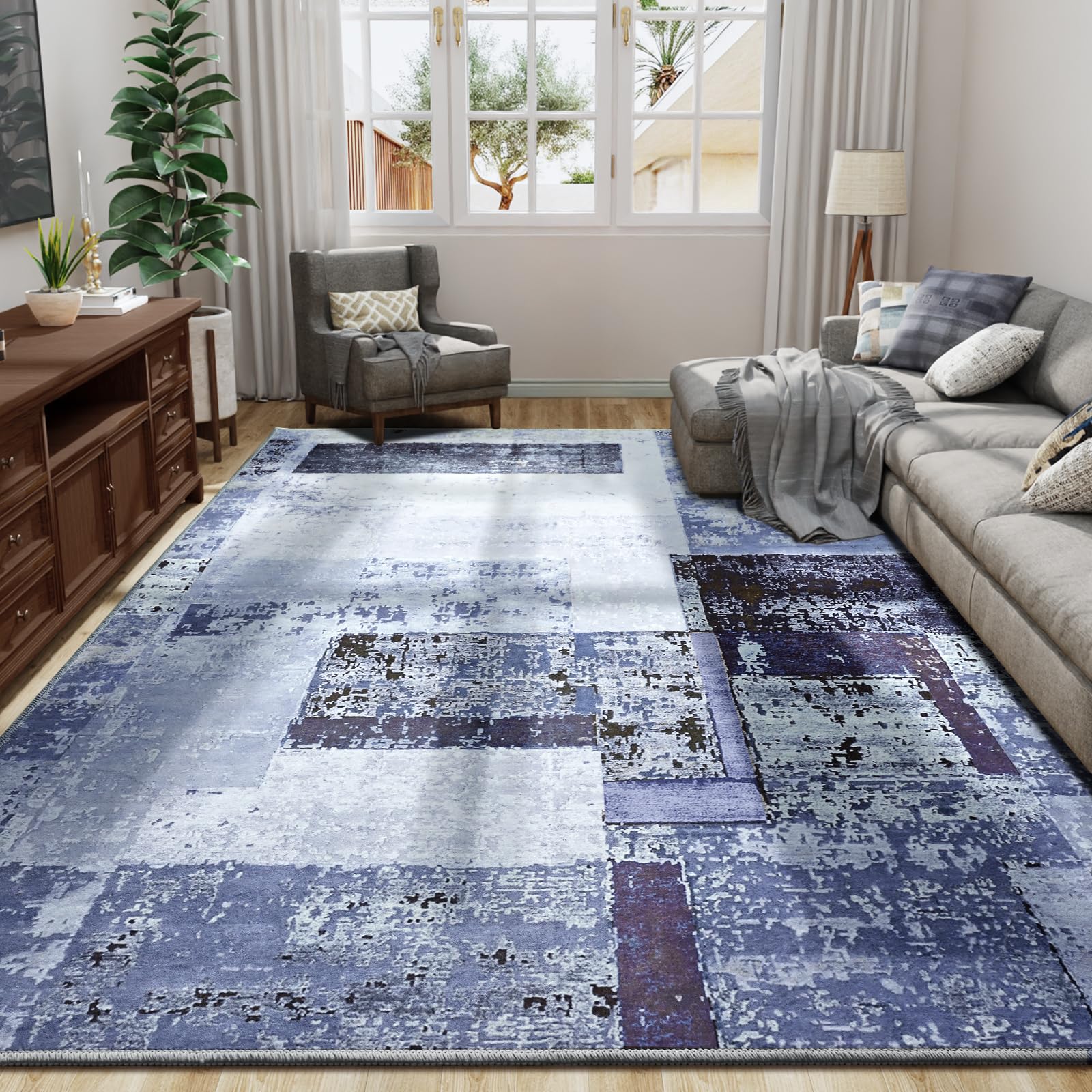 LOCHAS Rug for Living Room 6x9, Washable Soft Area Rugs for Bedroom, Abstract Carpet for Indoor Office Kids Dining Room Nursery Floor, Blue Geometric