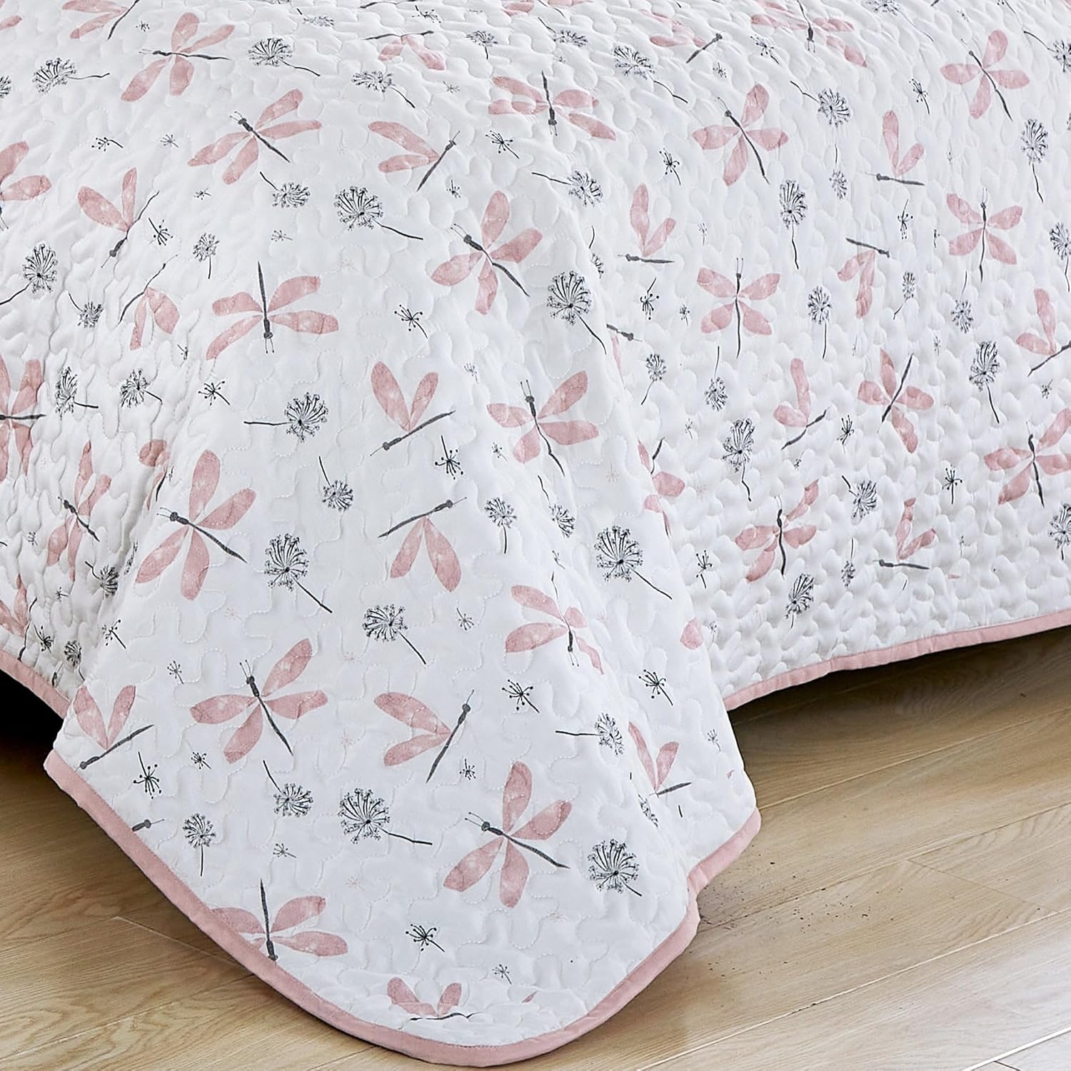 MarCielo 3 Pcs Kids Quilt Set Lightweight Bedspread with Pillow Shams, Pink Dragonfly Print Girls Bedding