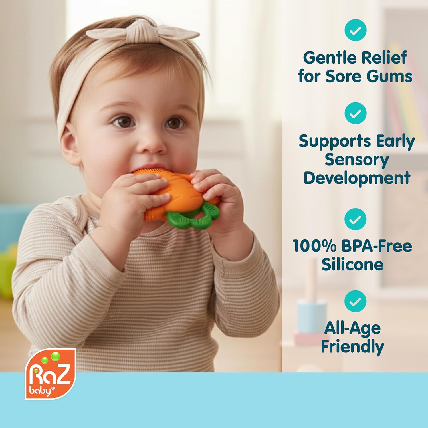 RaZbaby Carrot Teether – Gentle Relief & Sensory Development Support with Safe, Food-Grade Silicone; Nature-Inspired Texture Soothes Sore Gums; 100% BPA-Free Teething Toy for All Ages