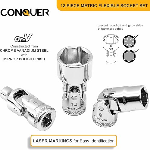 Miniatura 2 de CONQUER Juego de 12 llaves de vaso métricas flexibles de 1/4 pulgadas, 6 tomas de punto construidas con acero al cromo vanadio tratado térmicamente,