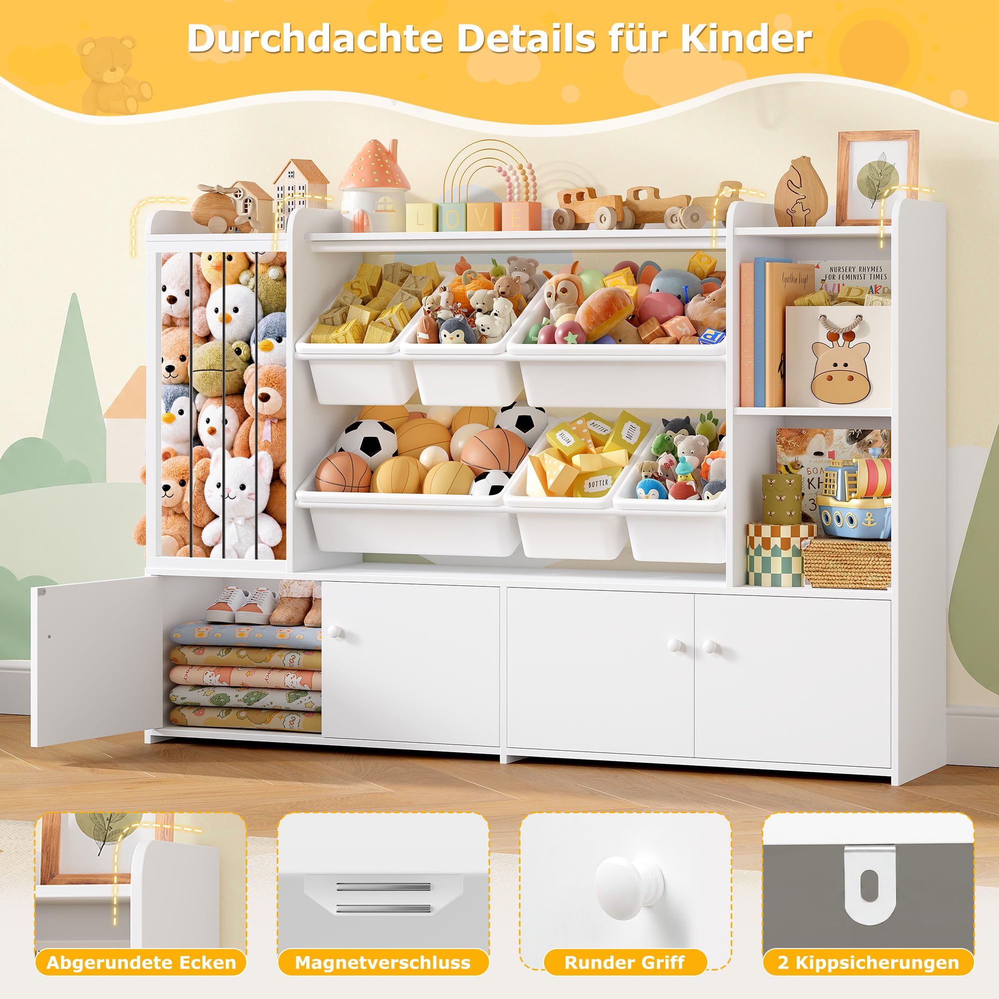 FOREHILL 137cm Breit Kinderregal, Kuscheltier Aufbewahrung, Bücherregal Kinder mit 6 Spielzeugkisten, Spielzeugregal, Kinderzimmer Möbel,Wohnzimmer,Schlafzimmer 137,3x28x94cm Weiß