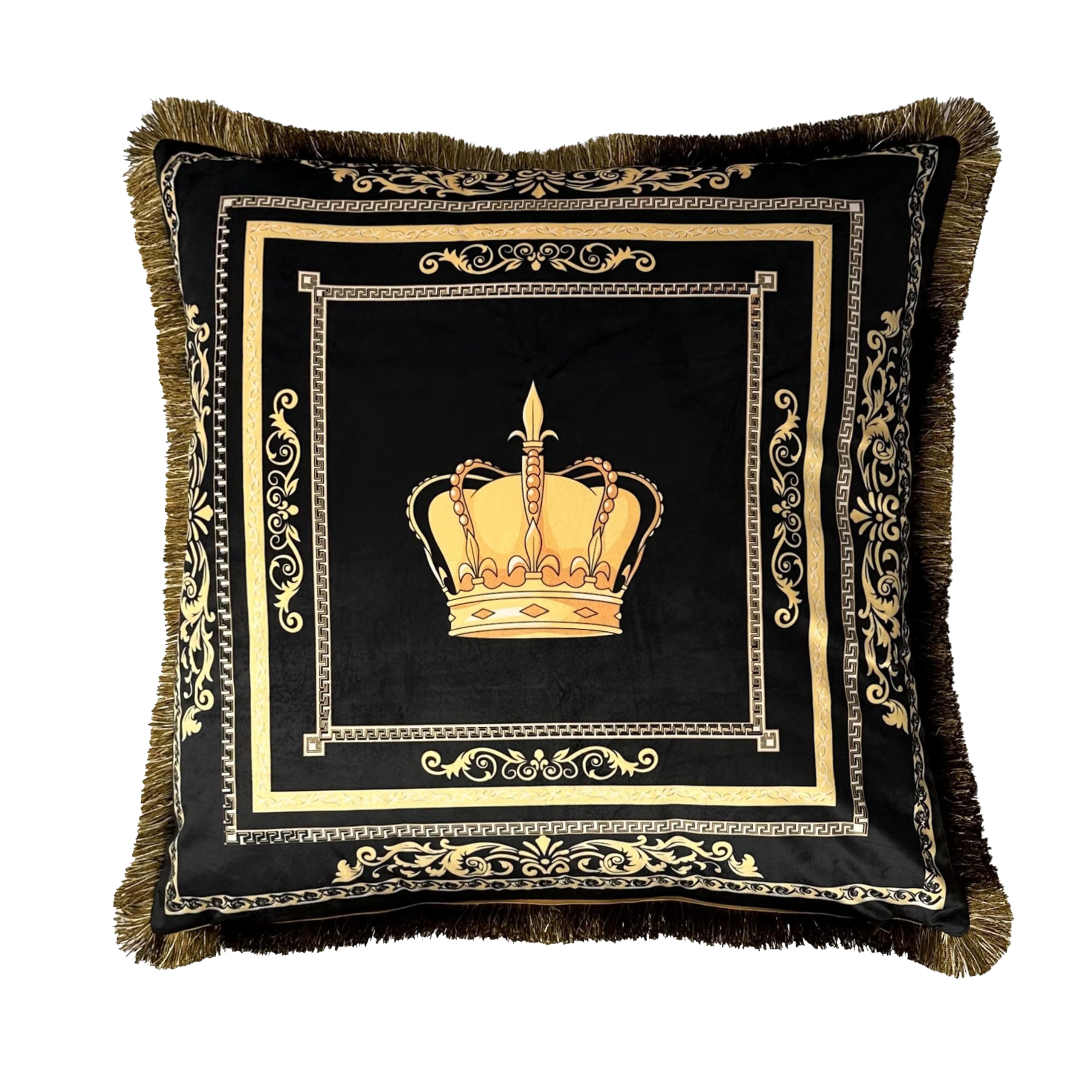Luxus Dekokissen Sofakissen Samt in schwarz Gold mit Löwe, Amphore, Krone als Motiv, Bezug und Füllung (Motiv: Krone, 45 x 45 cm)