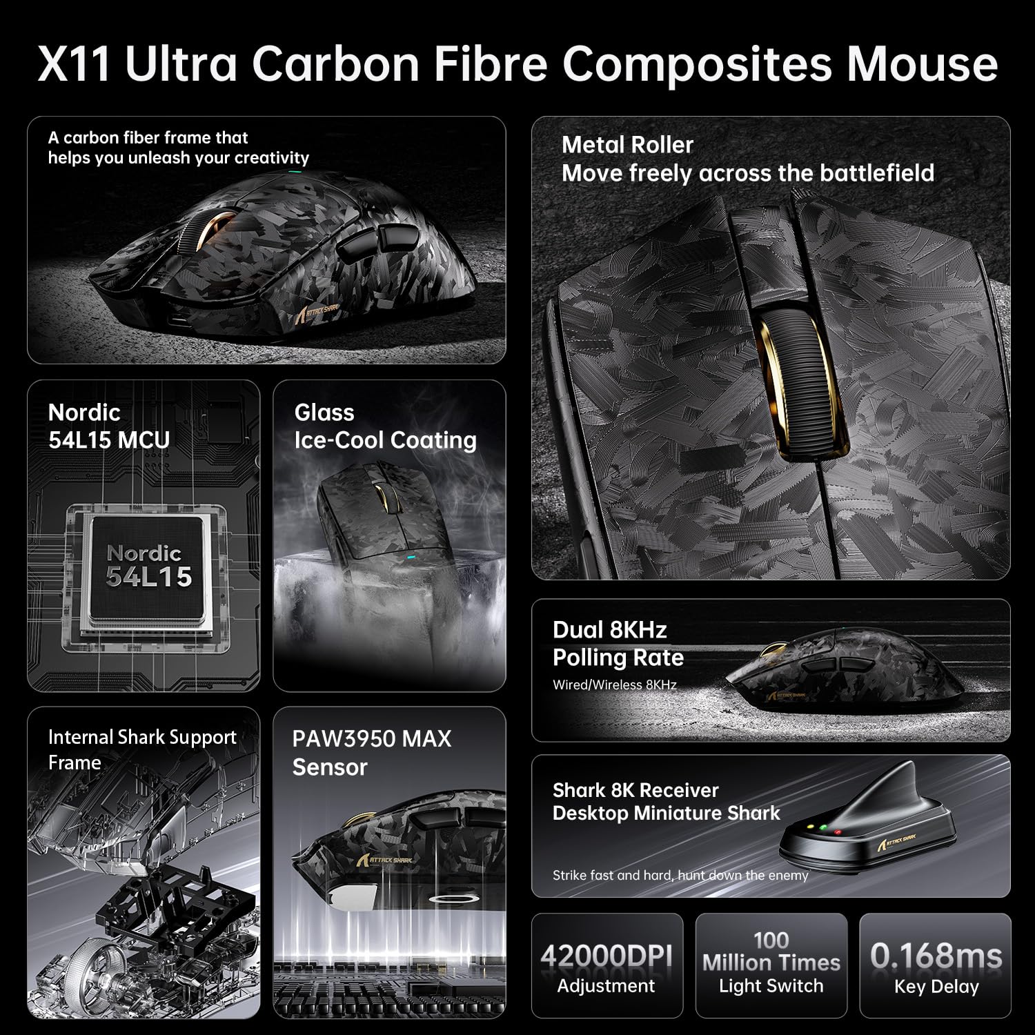 ATTACK SHARK X11 Ultra Wireless Gaming Mouse, Ultra-Light 63g, 42K dpi, 8K Polling, Nordic Chip, Carbon Fiber, for Esports & Pro Gamers