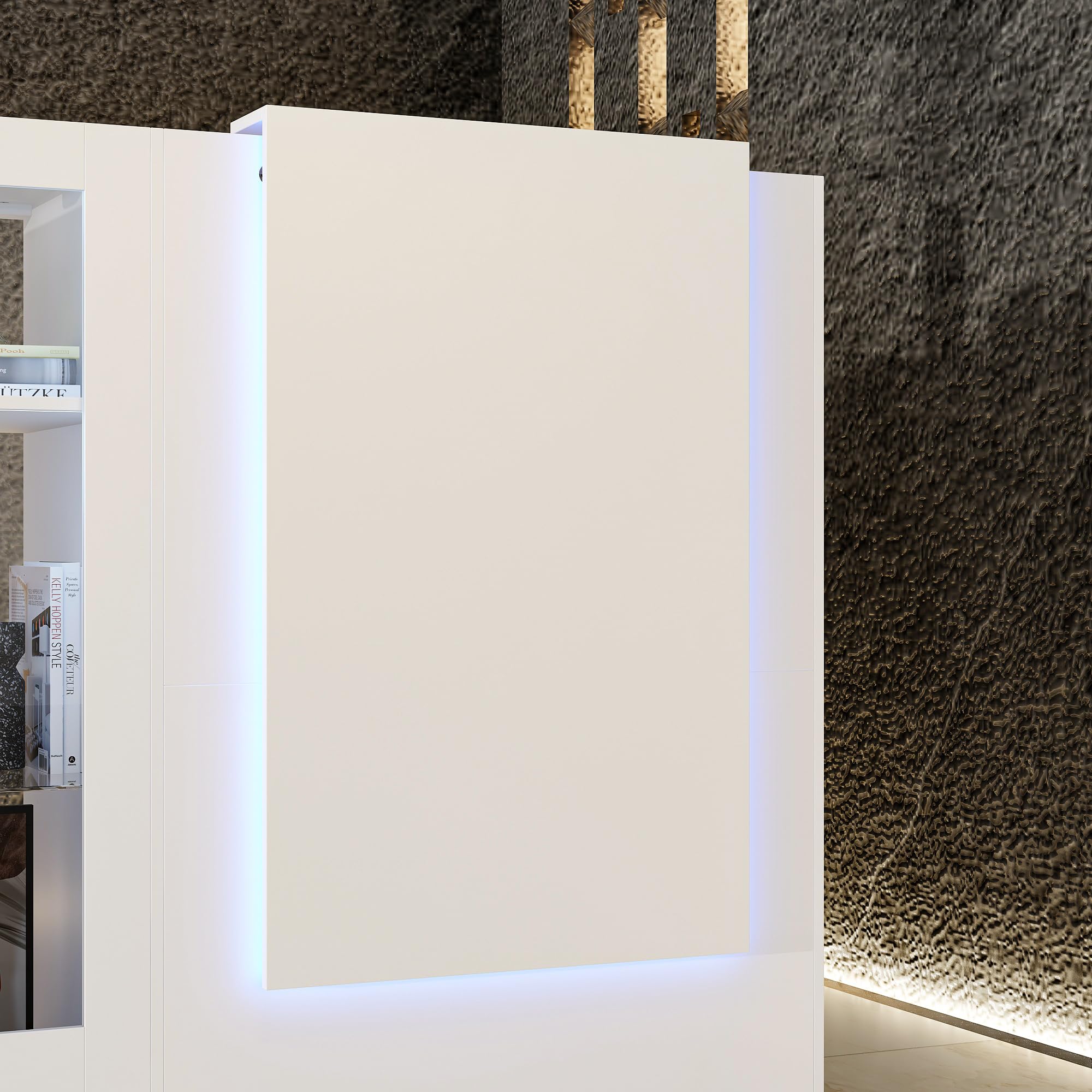 Cassetto angolare bianco con cassetto tastiera e 2 armadi, cassette ricezione con strisce luminose e vetro tempered, tavolo reception 120x122