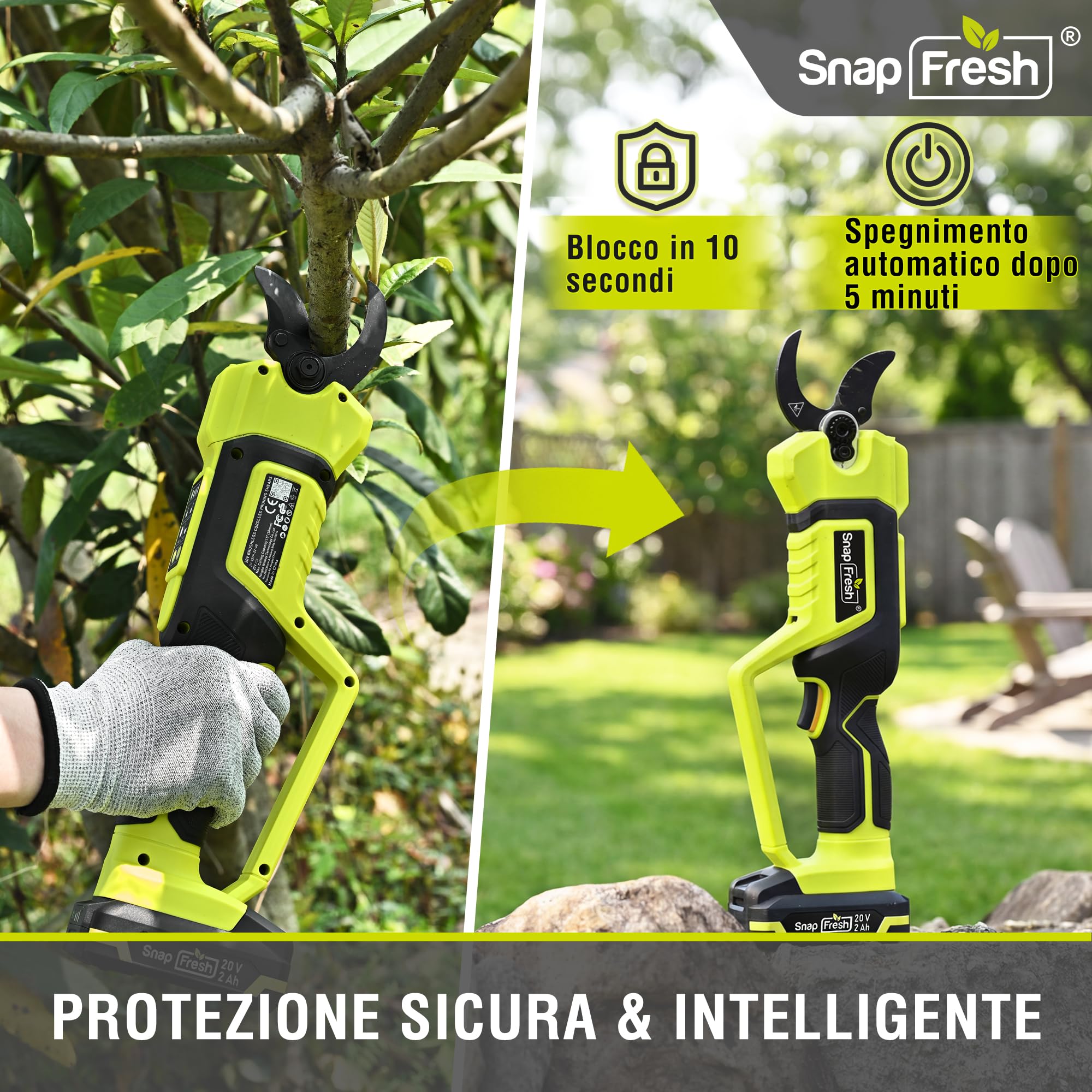 SnapFresh Forbici Potatura a Batteria Brushless, Diametro di Taglio Max 40 mm, Cesoie Elettriche con Batteria 2,0 Ah e Caricatore, Lama SK5 Senza Fili per Rami, Arbusti e Tronchi