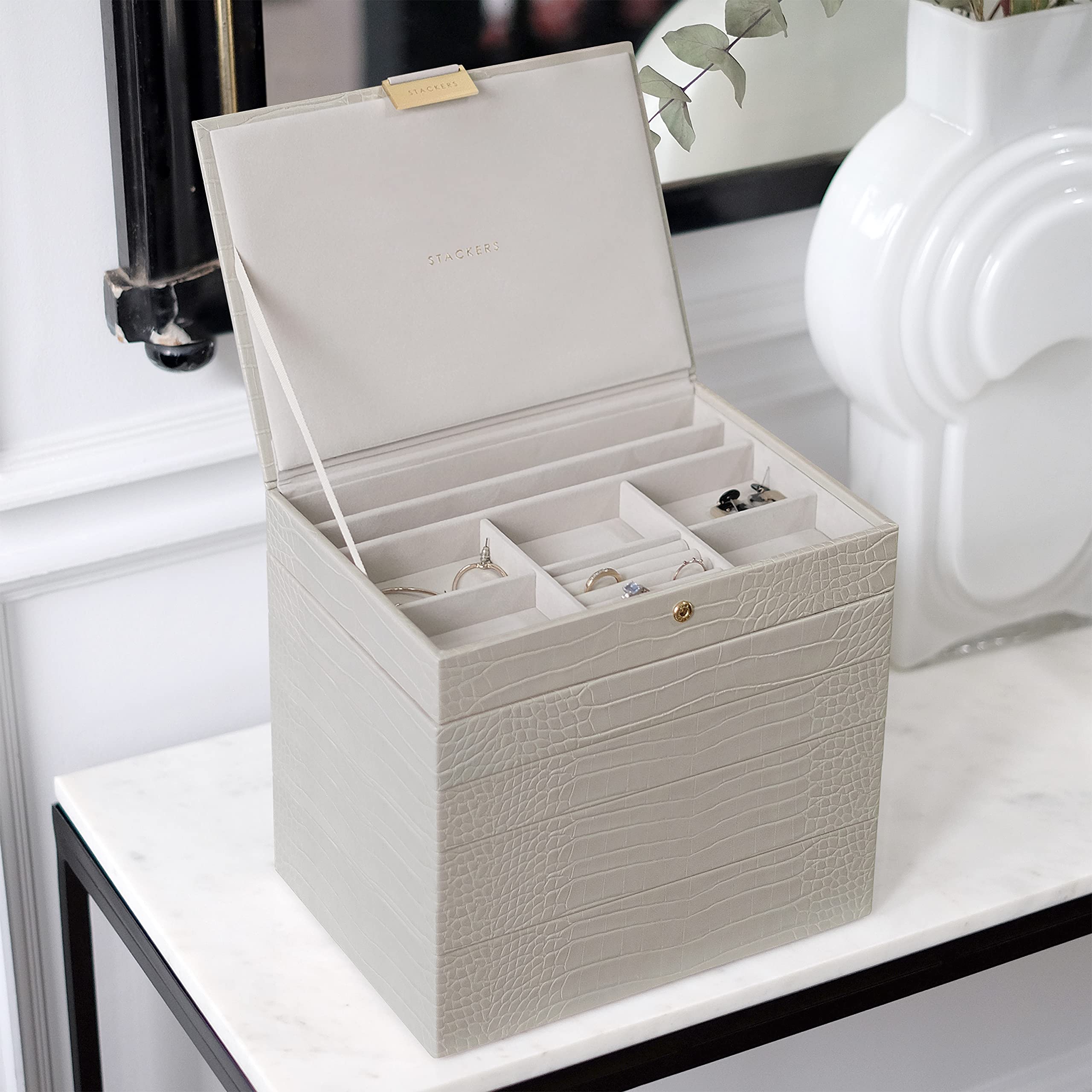 Stackers Lot de 5 boîtes à bijoux de taille moyenne avec un style classique en crocodile, Imitation cuir, Beige, Taille M