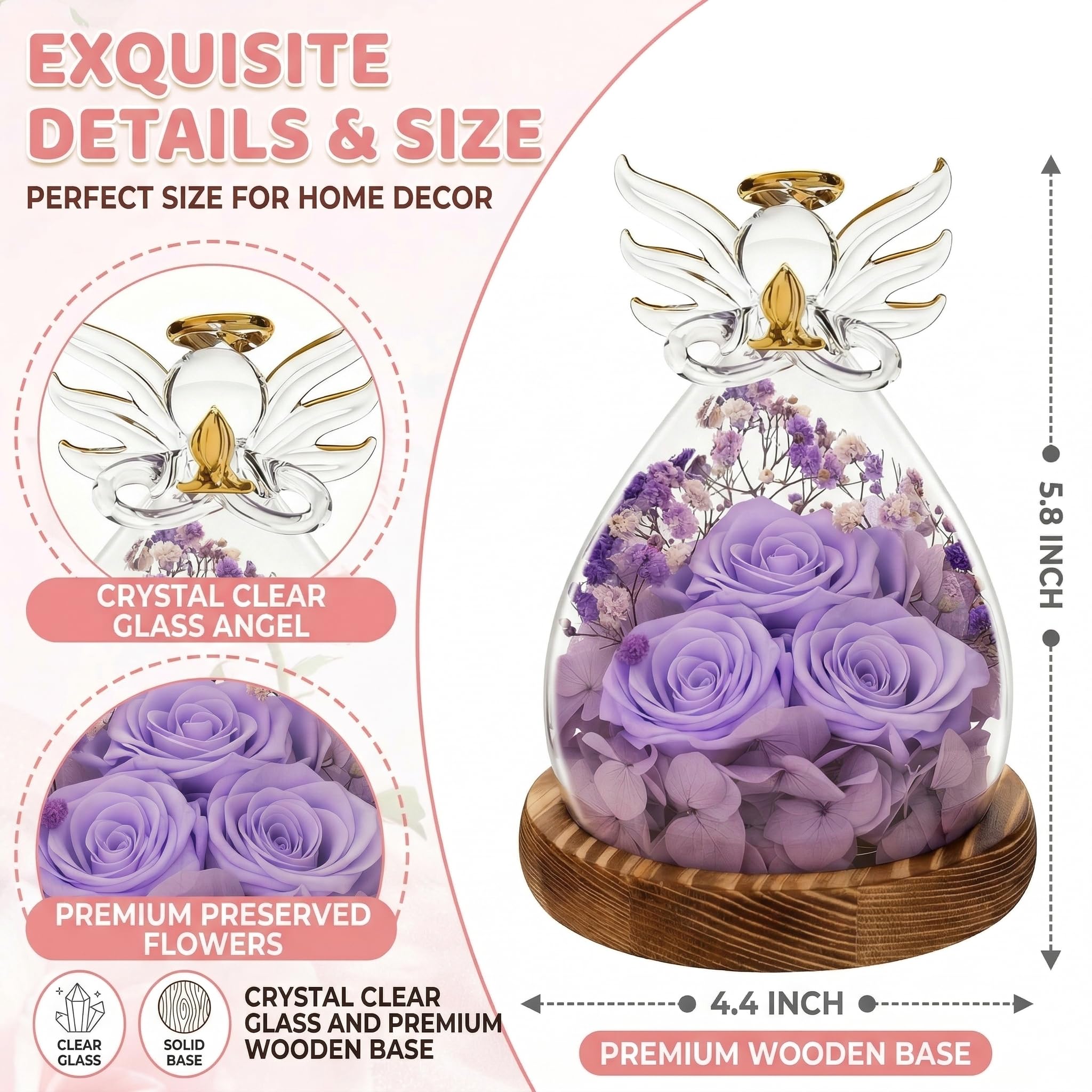Rosa de ángel para mujer, figura de ángel de cristal preservada con luces LED, luz nocturna de cumpleaños de flor eterna para mamá, decoración perfecta para el día de la madre, San Valentín