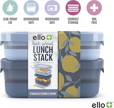 Ello 2-Pack Lunch Stack Plastic Food Storage Container Bento Box with Airtight,Leak-Proof Locking Plastic Lids and Silicone Base,BPA-Free,Freezer,Microwave, and Dishwasher Safe,Blueberry(Pack of 6)