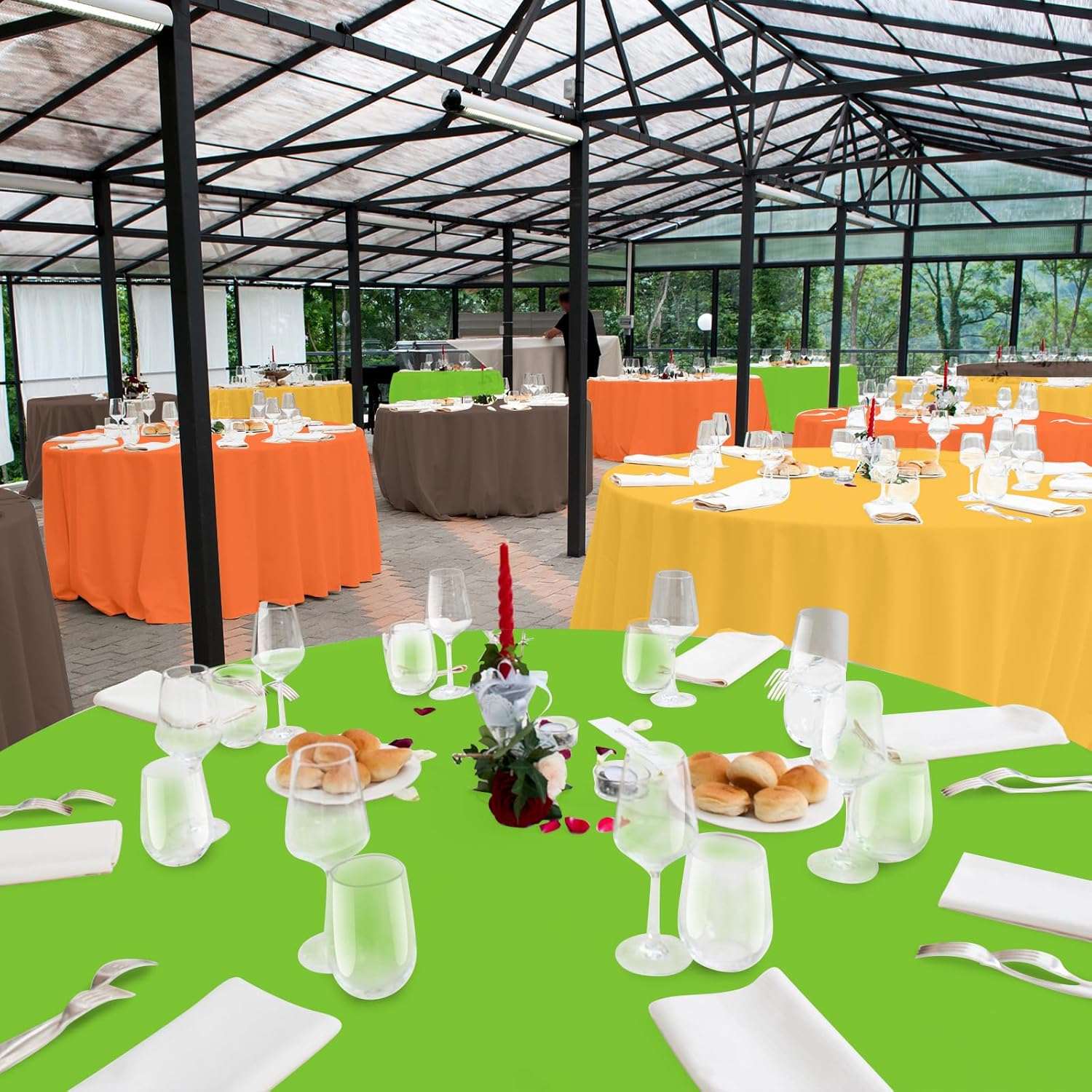 MASHAN 12 Pcs Plastic Fall Tablecloth Yellow Orange Green Coffee Round Tablecloths Disposable Round Table Covers for Fall Harvest Thanksgiving Day Family Birthday Baby Shower Party Decorations,84inch