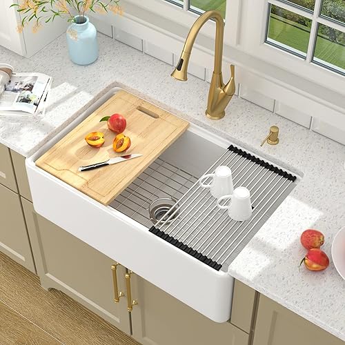 Lordear 33 Inch White Farmhouse Sink Workstation Apron Front Flat Fireclay Porcelain Ceramic Single Bowl Farmer Farm Sinks 33x20x10 Inch With Wood Cutting Board