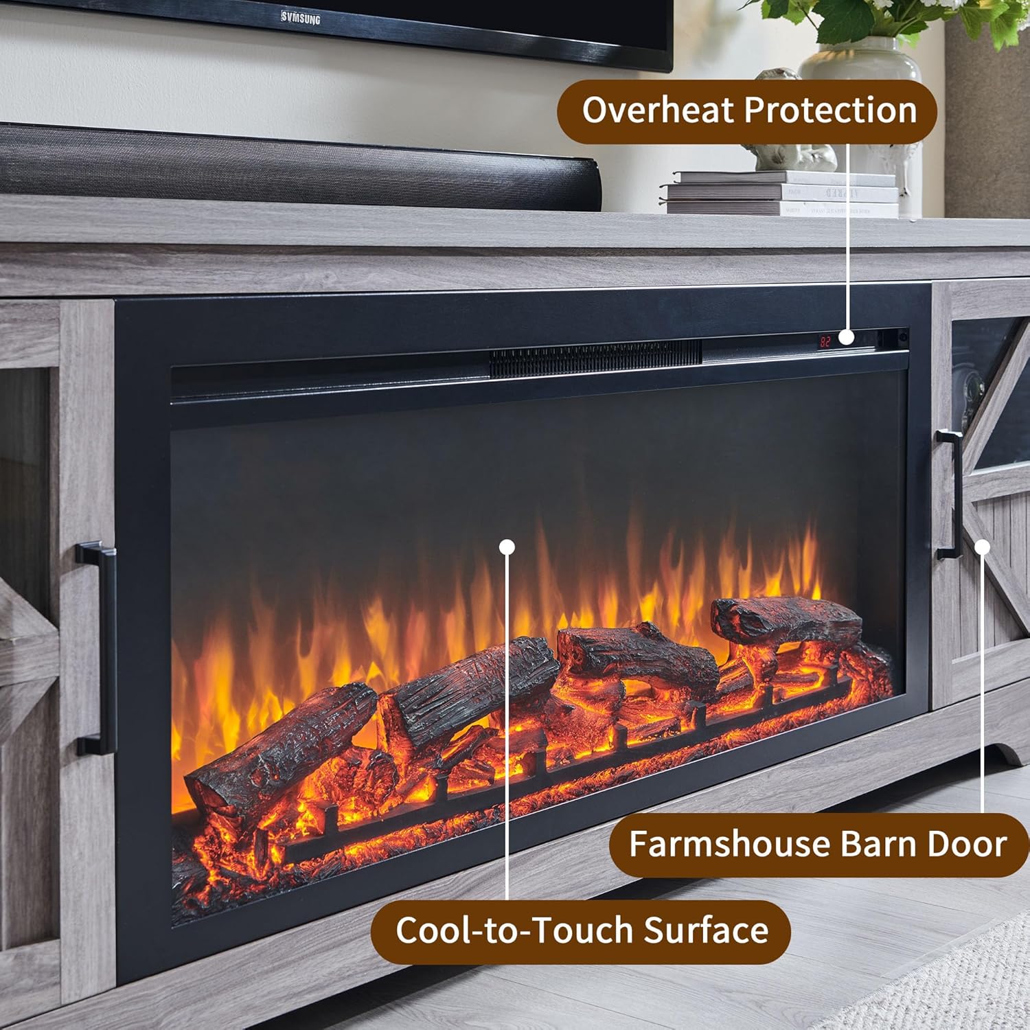 75" Farmhouse Fireplace TV Stand for TVs up to 85", Rustic Entertainment Center with 44" Fireplace Heater, Adjustable Storage Cabinets, Barn Door TV Console with Fireplace, Gray