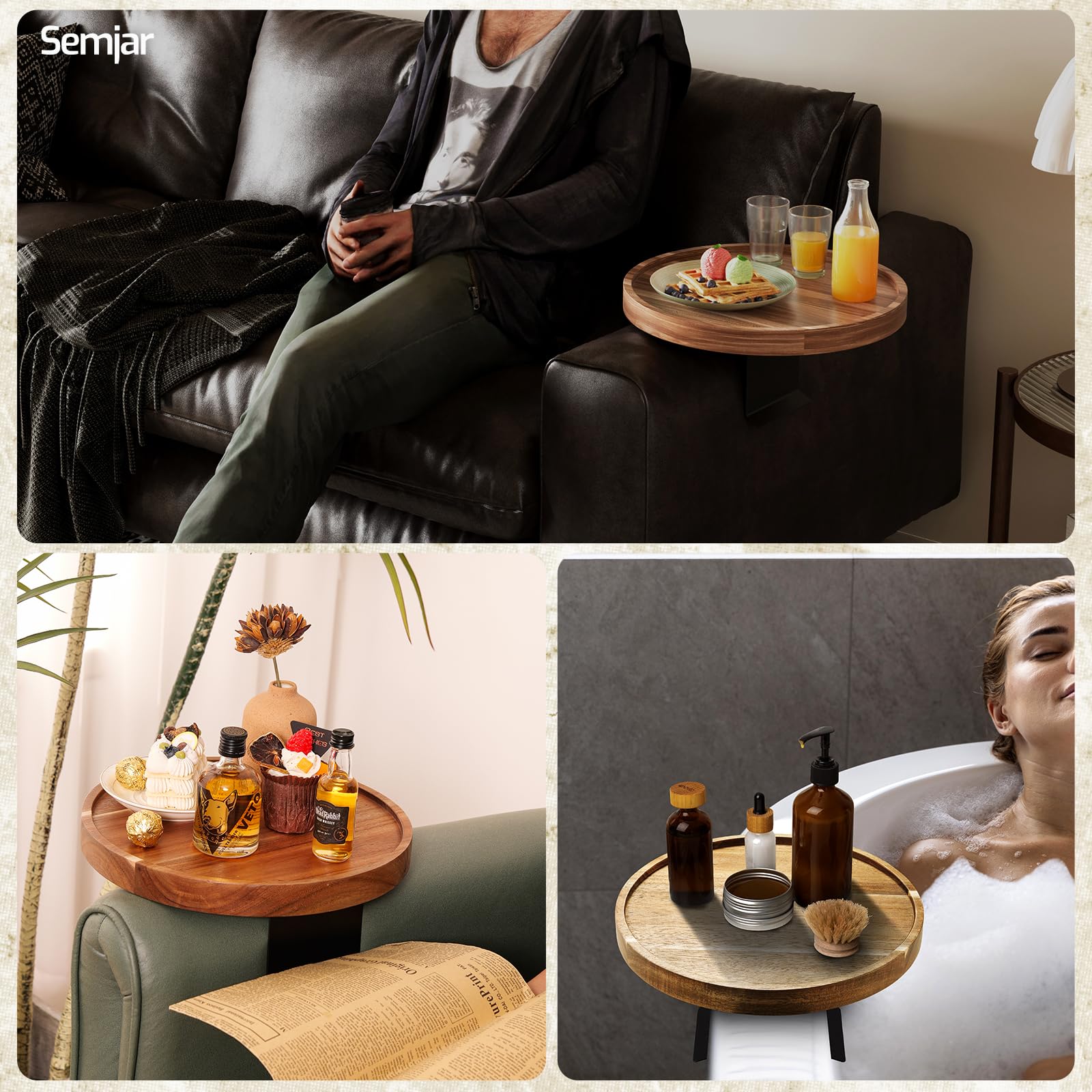 Sofa-Armlehnentablett aus Akazienholz, verstellbar, rund, Armlehnentablett, Holzstuhl-Armlehnentablett für breite, dünne Sofas, Armlehnen, Sesseltisch zum Essen