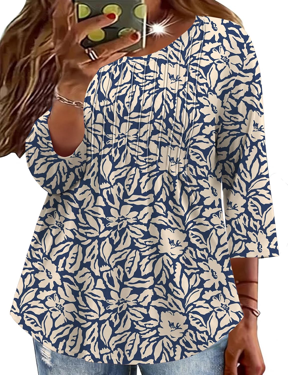 TFSDOD Womens Plus Size Tops 3/4 Length Sleeve Womens Tops Crewneck Pleated Boho Tunic Casual Shirts XL-5X